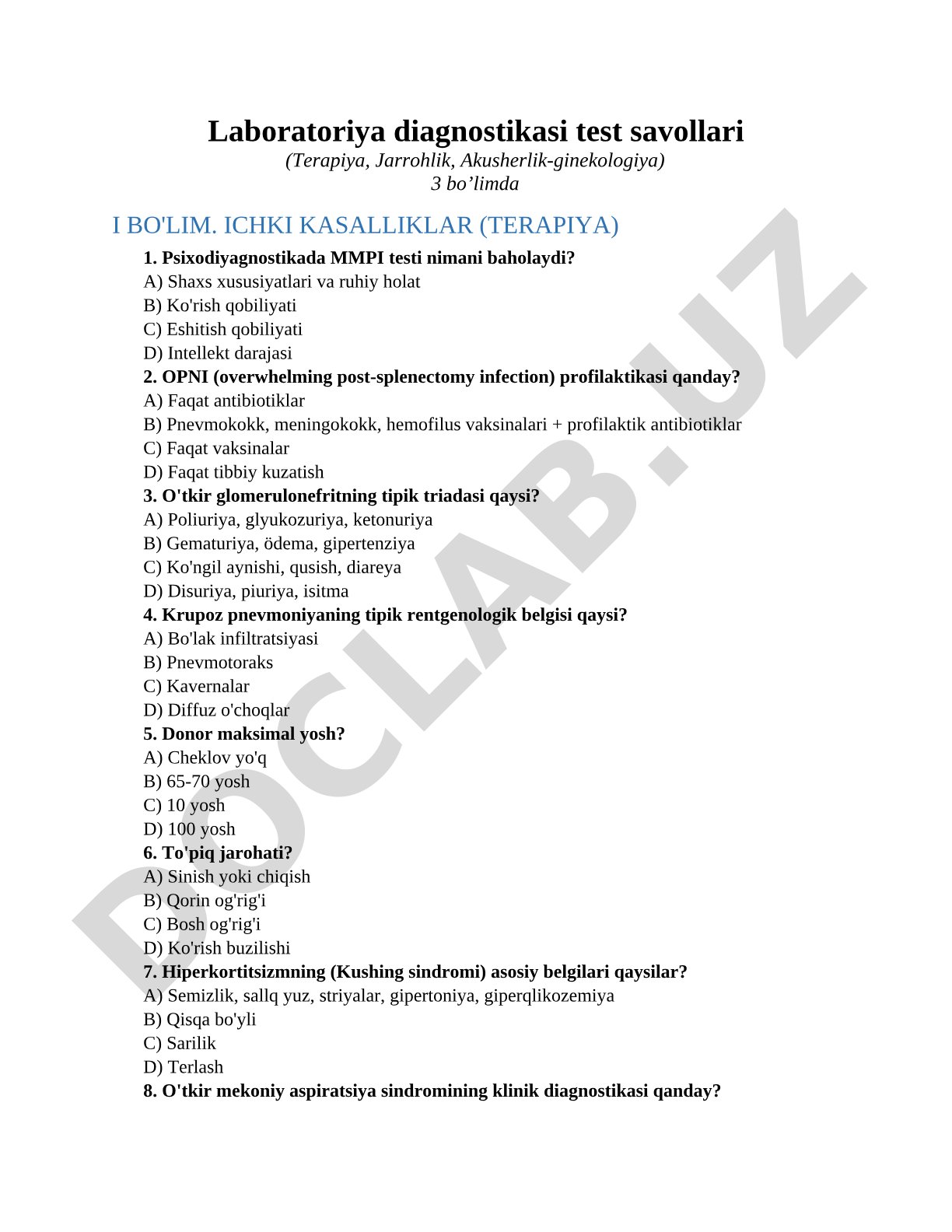 Laboratoriya diagnostikasi test savollari (Terapiya, Jarrohlik, Akusherlik-ginekologiya)