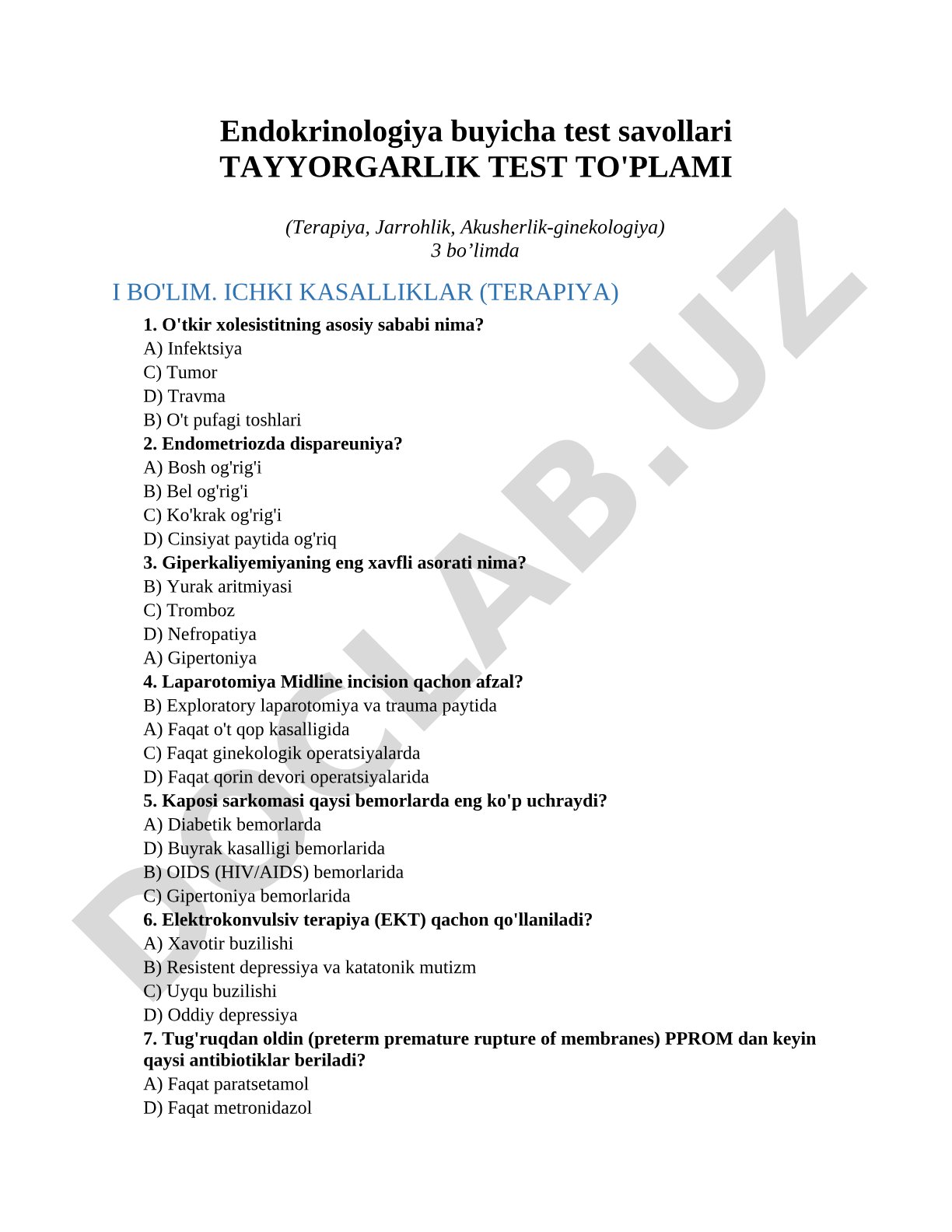 Endokrinologiya buyicha test savollari