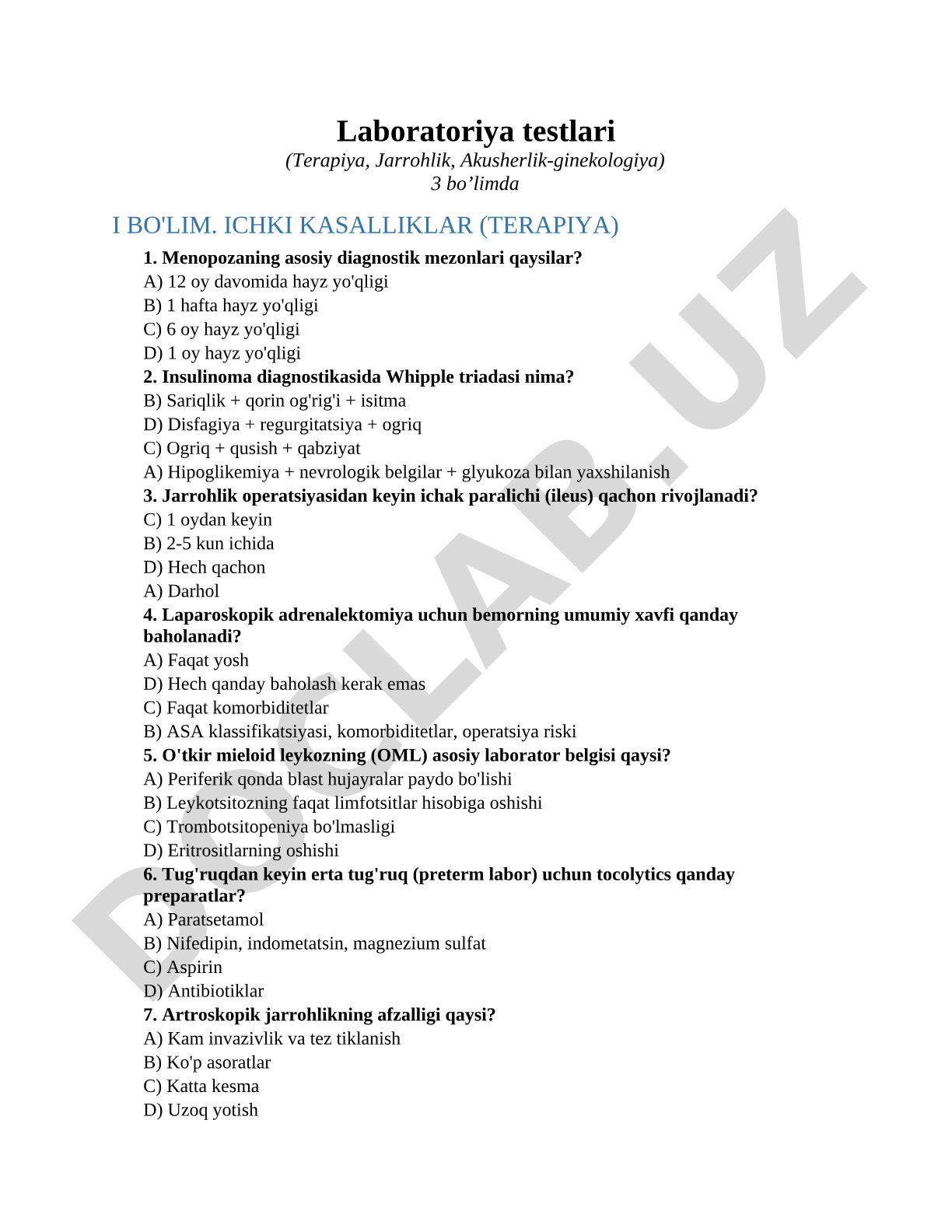 Laboratoriya testlari (Terapiya, Jarrohlik, Akusherlik-ginekologiya)