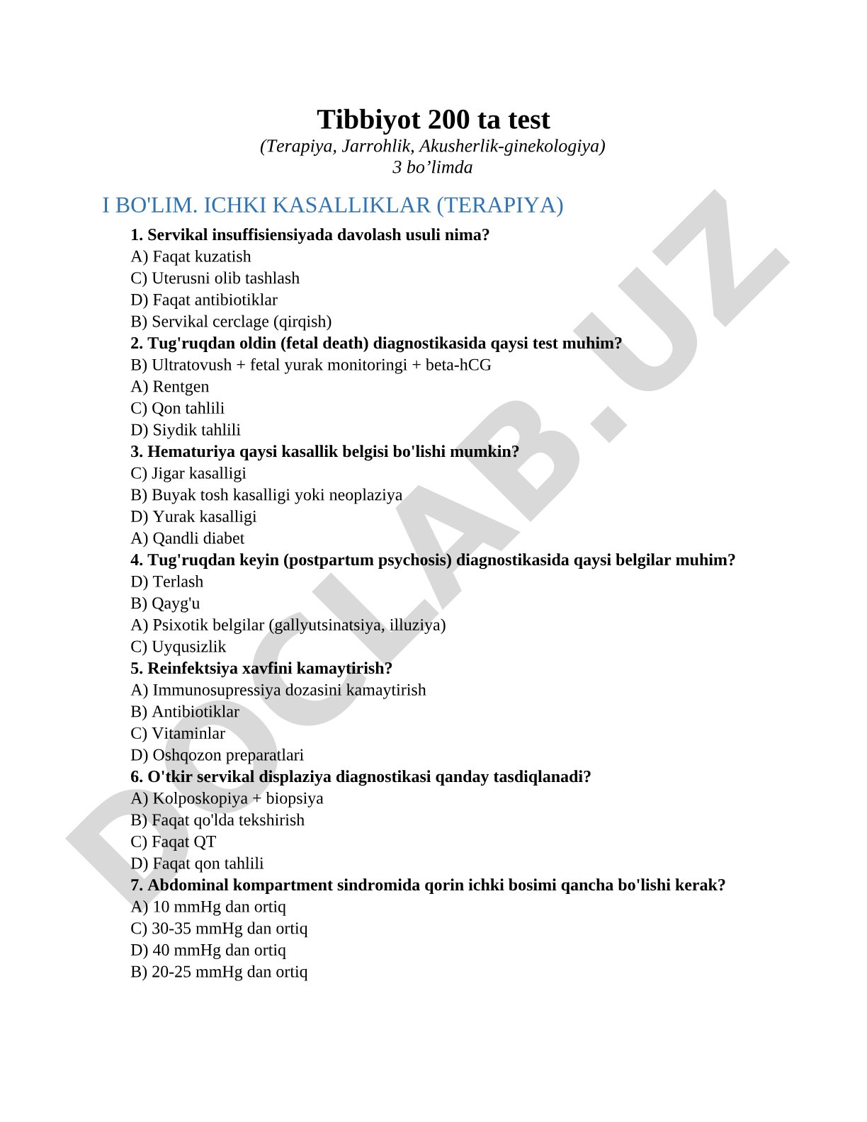 Tibbiyot 200 ta test (Terapiya, Jarrohlik, Akusherlik-ginekologiya)
