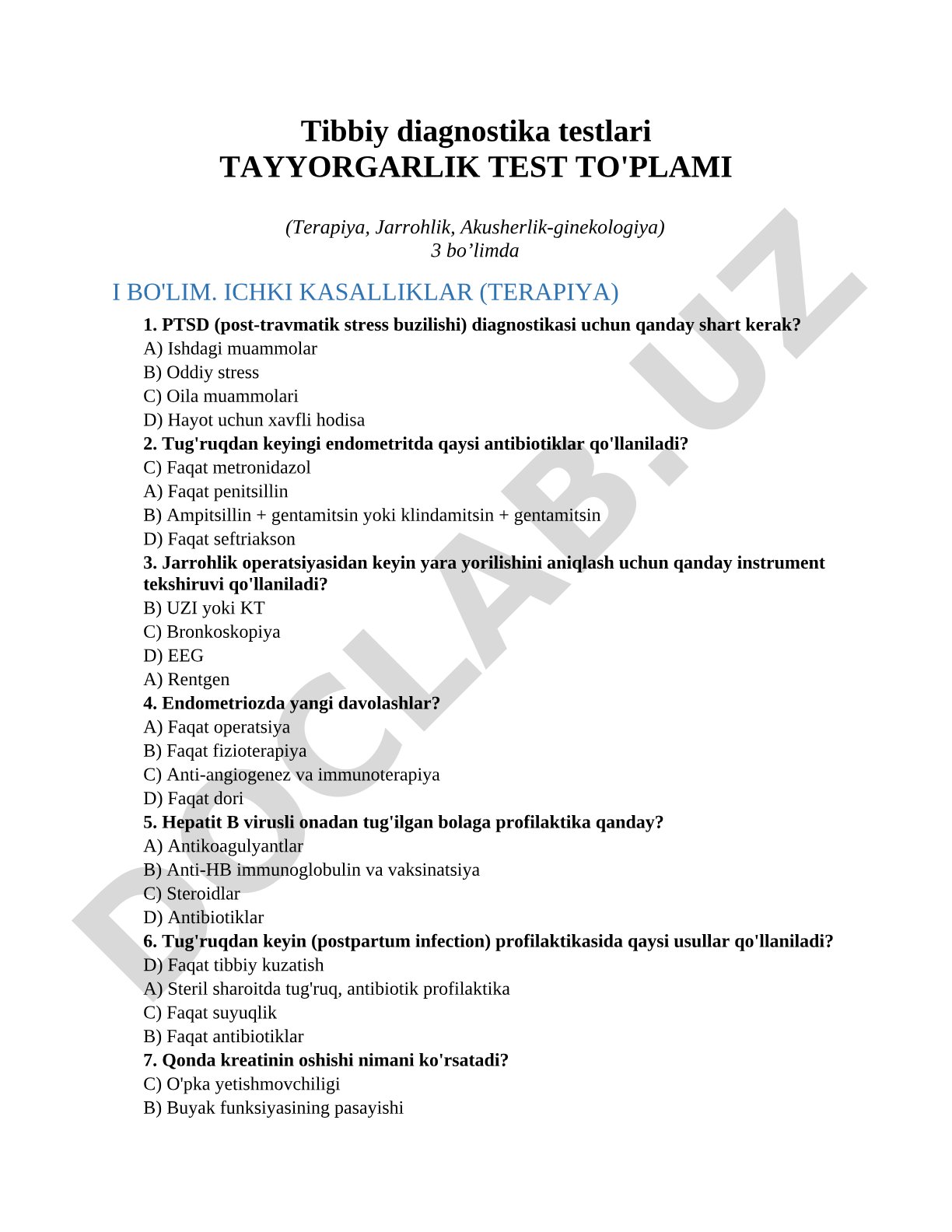 Tibbiy diagnostika testlari (Terapiya, Jarrohlik, Akusherlik-ginekologiya)