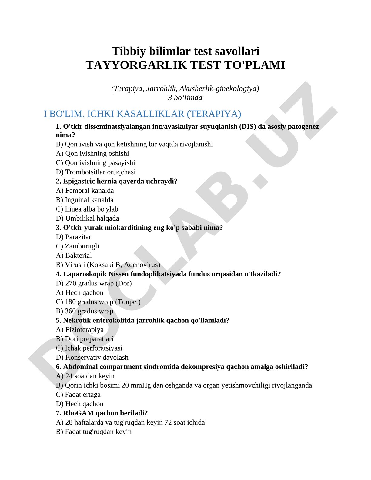 Tibbiy bilimlar test savollari tayyorgarlik test to'plami (Terapiya, Jarrohlik, Akusherlik-ginekologiya)