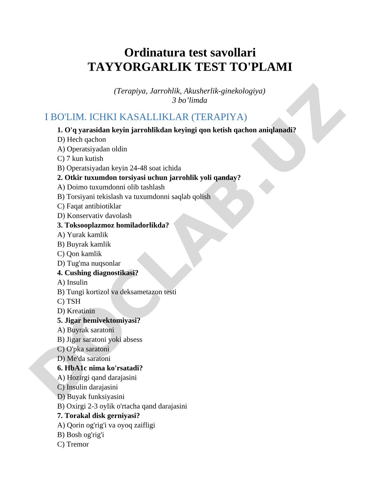 Ordinatura test savollari TAYYORGARLIK TEST TO'PLAMI (Terapiya, Jarrohlik, Akusherlik-ginekologiya)