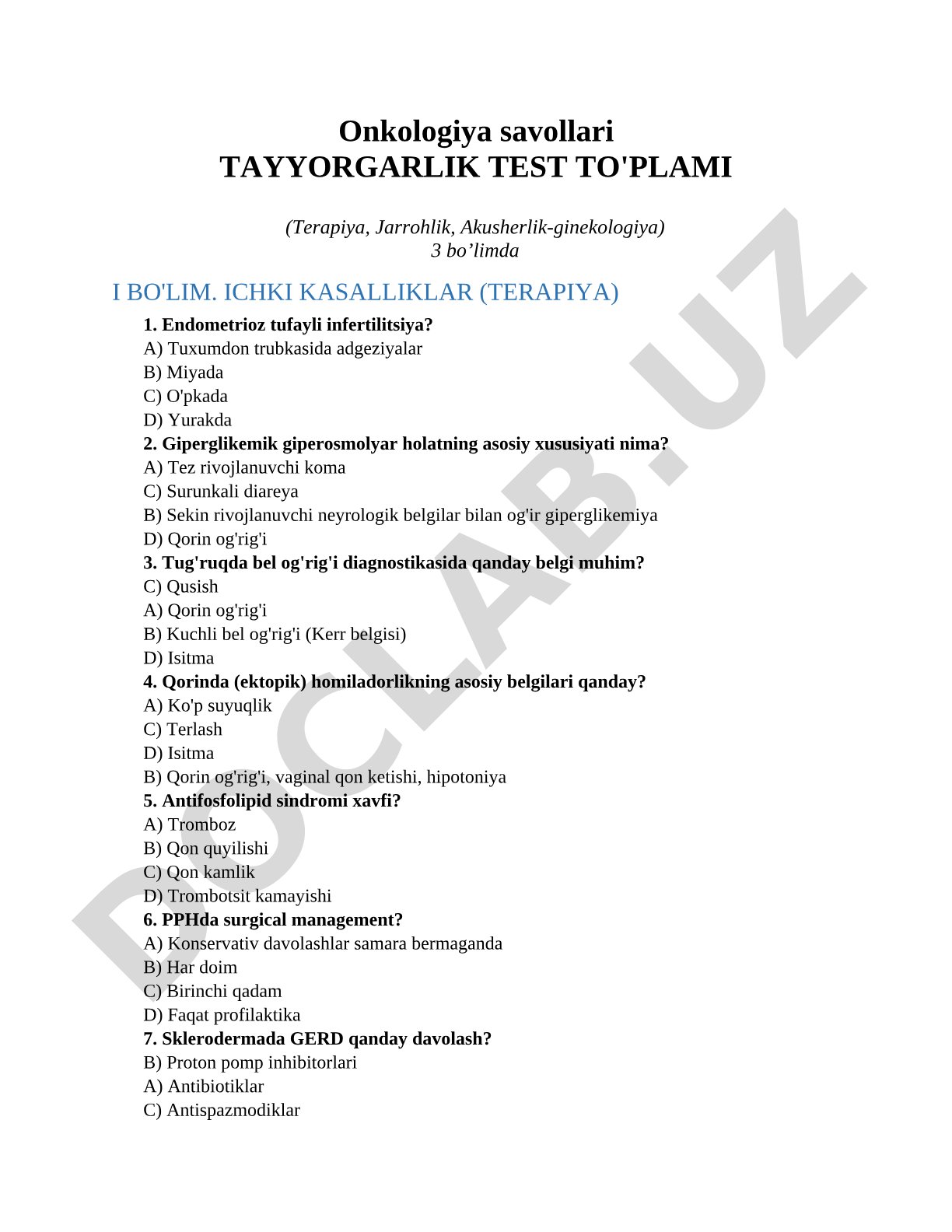 Onkologiya savollari tayyorgarlik test to'plami