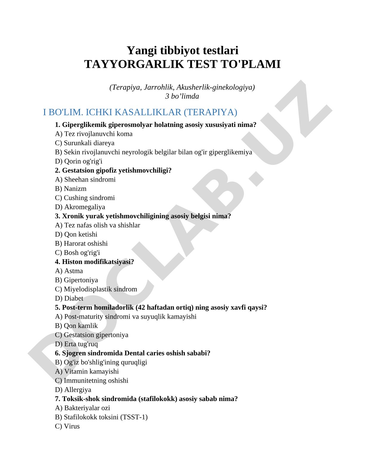 Yangi tibbiyot testlari TAYYORGARLIK TEST TO'PLAMI (Terapiya, Jarrohlik, Akusherlik-ginekologiya)