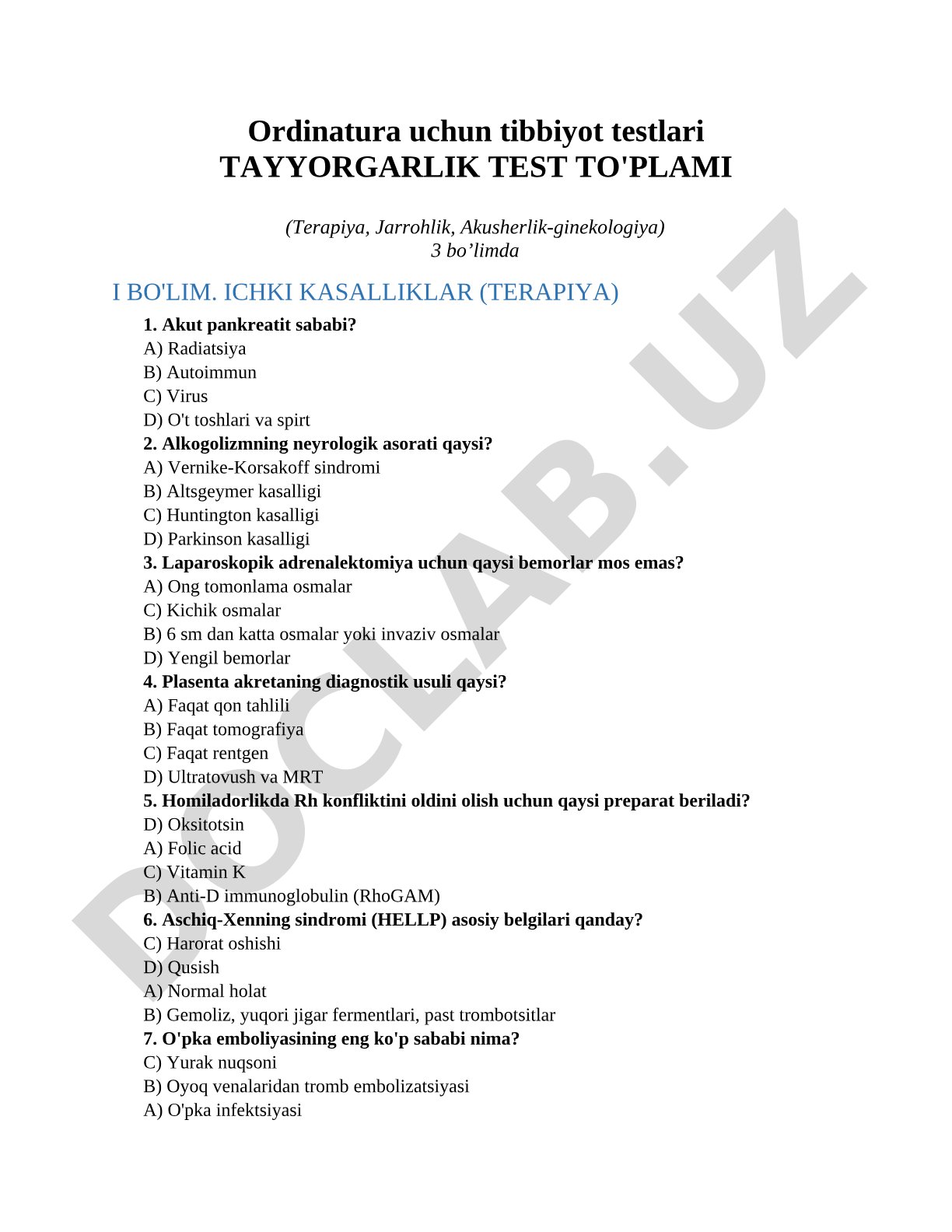 Ordinatura uchun tibbiyot testlari tayyorgarlik test to'plami (Terapiya, Jarrohlik, Akusherlik-ginekologiya)