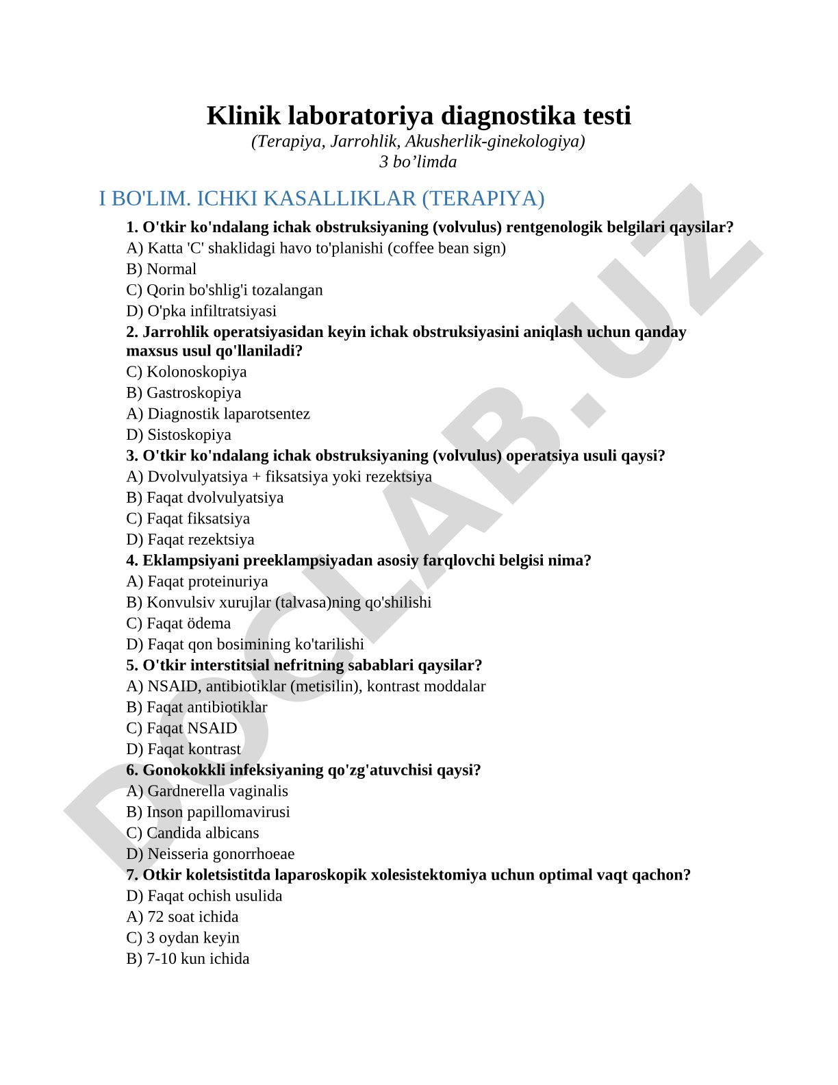 Klinik laboratoriya diagnostika testi (Terapiya, Jarrohlik, Akusherlik-ginekologiya)
