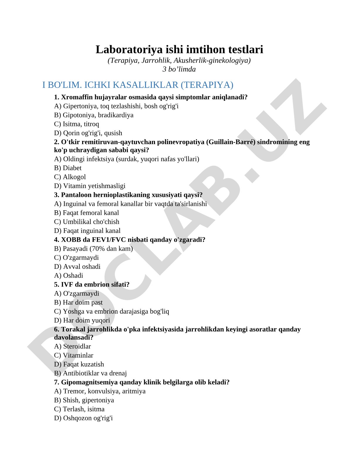 Laboratoriya ishi imtihon testlari (Terapiya, Jarrohlik, Akusherlik-ginekologiya)