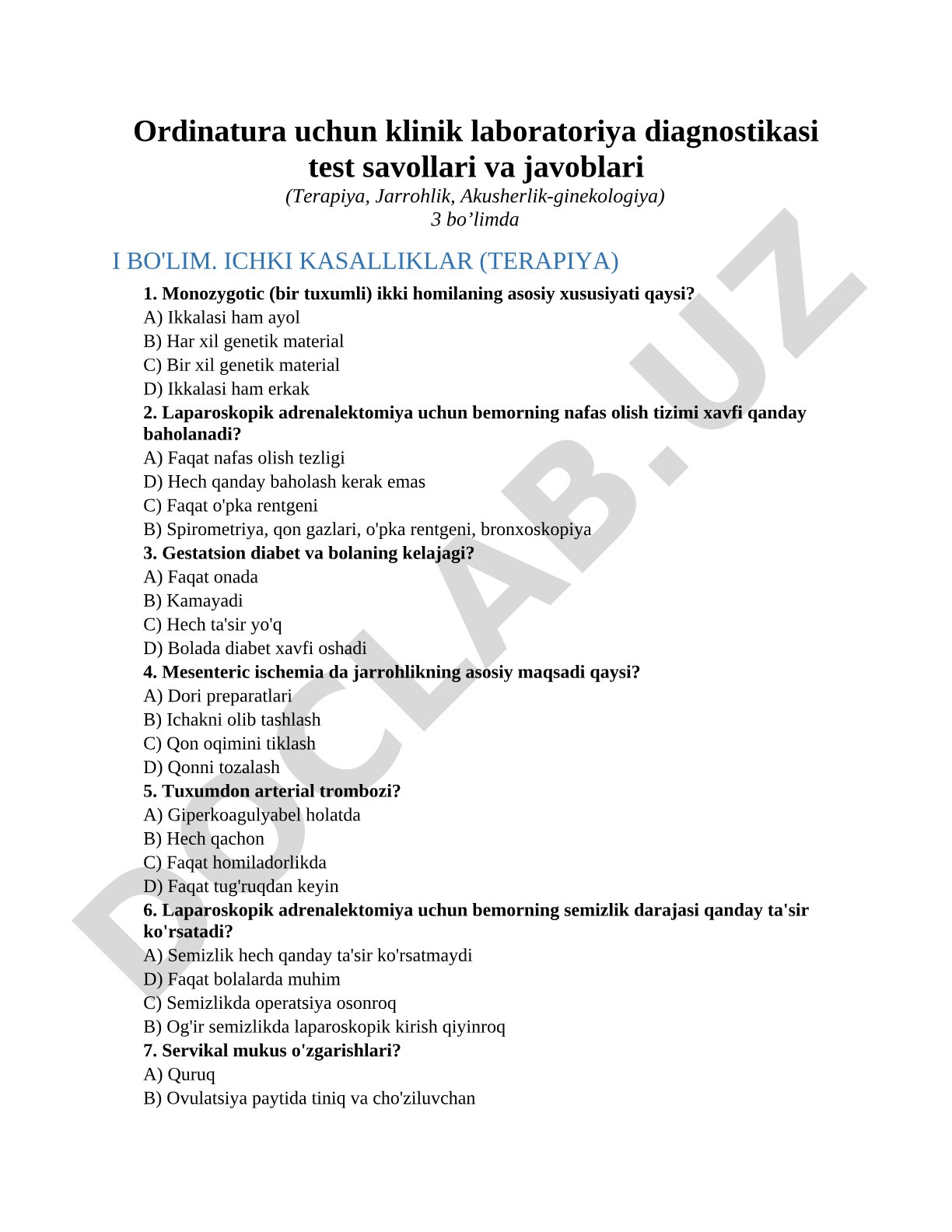 Klinik laboratoriya diagnostikasi test savollari va javoblari (Terapiya, Jarrohlik, Akusherlik-ginekologiya)