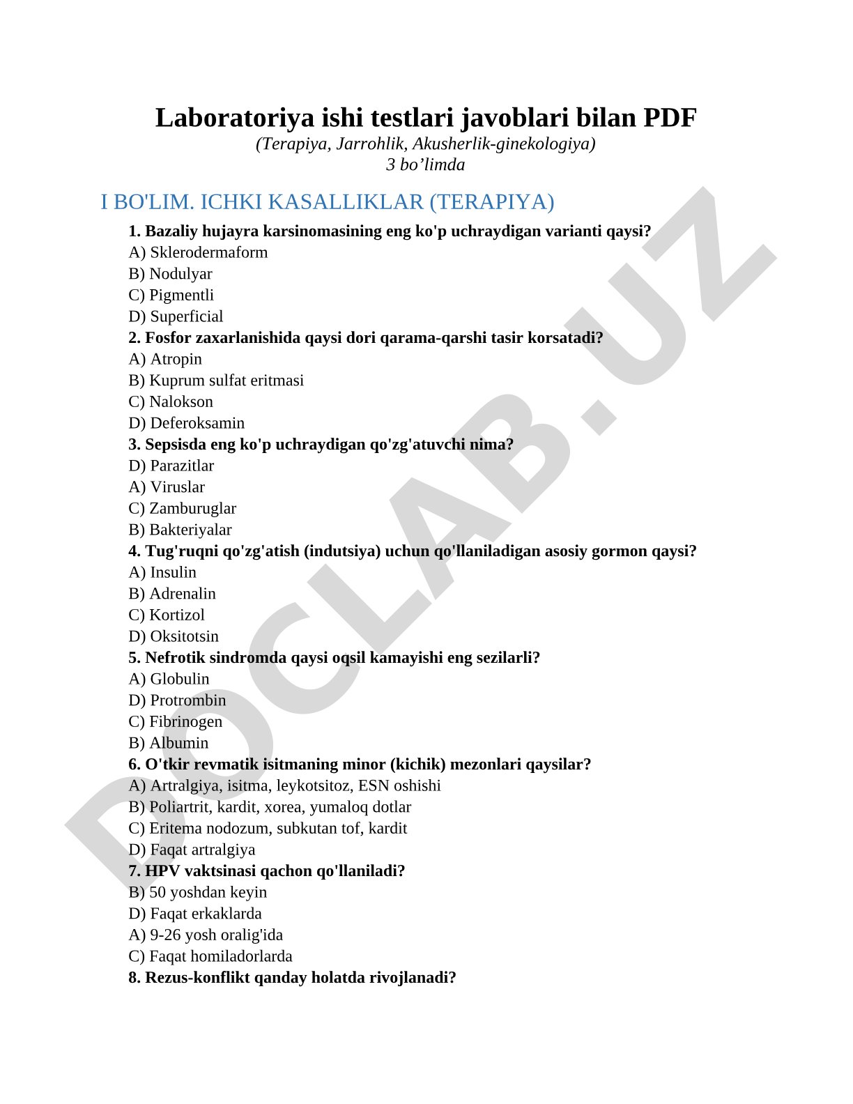 Terapiya, Jarrohlik, Akusherlik-ginekologiya testlari