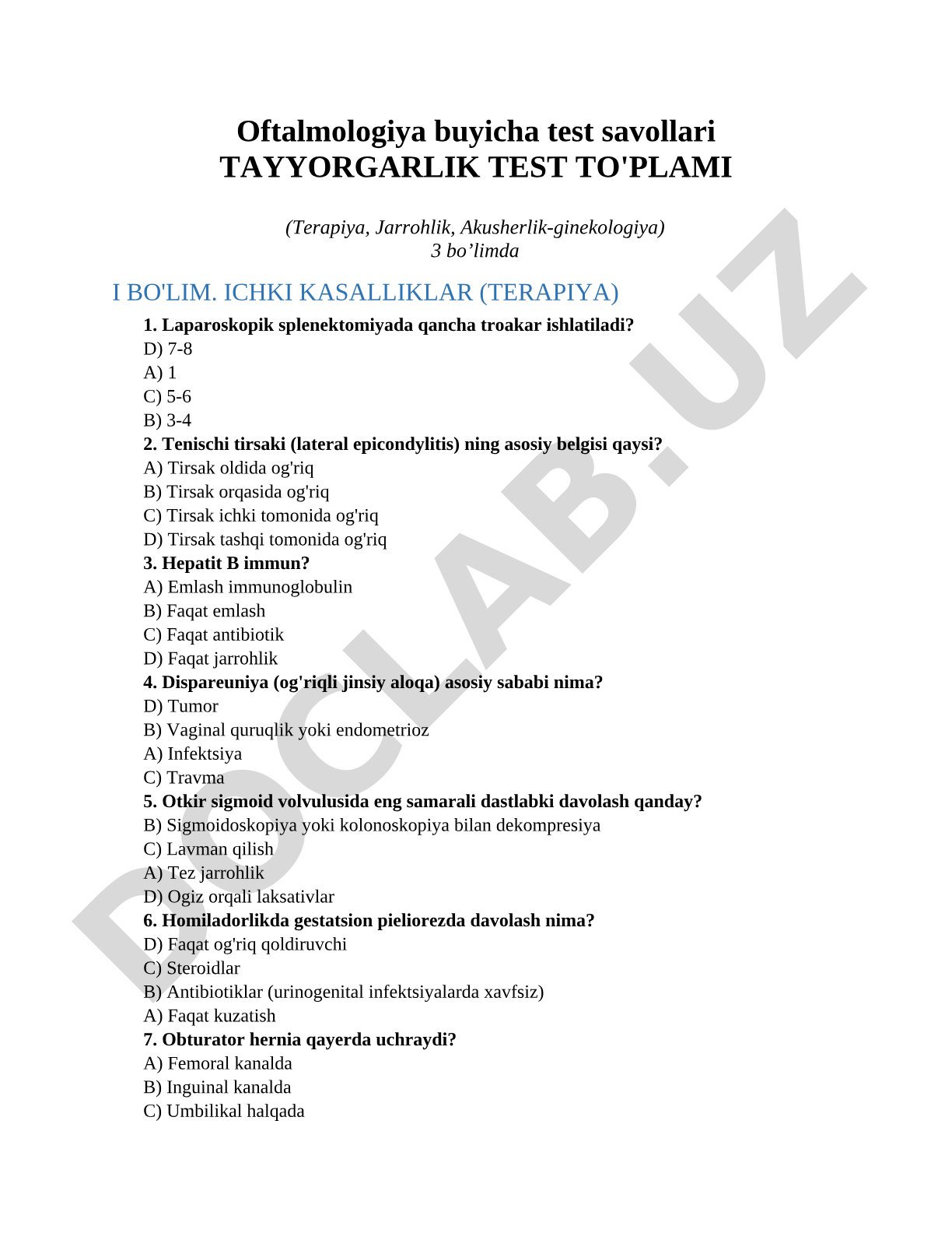 Oftalmologiya buyicha test savollari Tayyorgarlik test to'plami