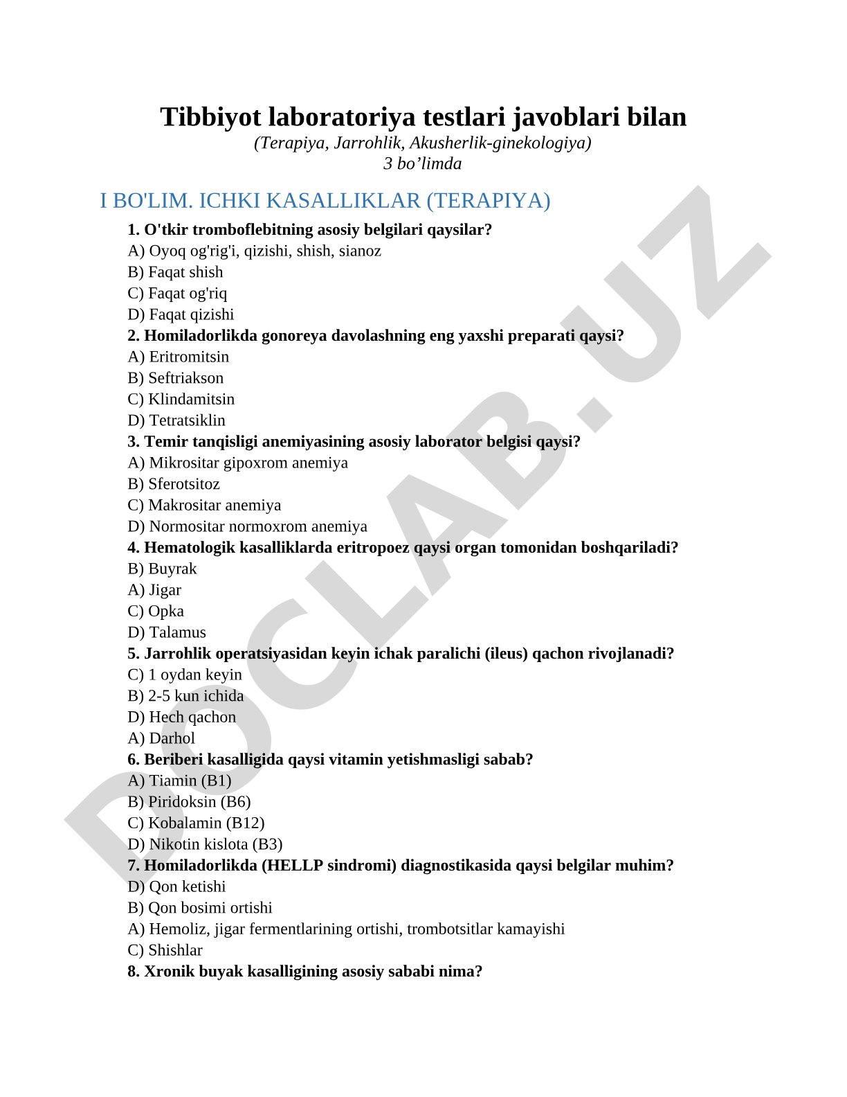 Tibbiyot laboratoriya testlari javoblari bilan (Terapiya, Jarrohlik, Akusherlik-ginekologiya)3 bo’limda