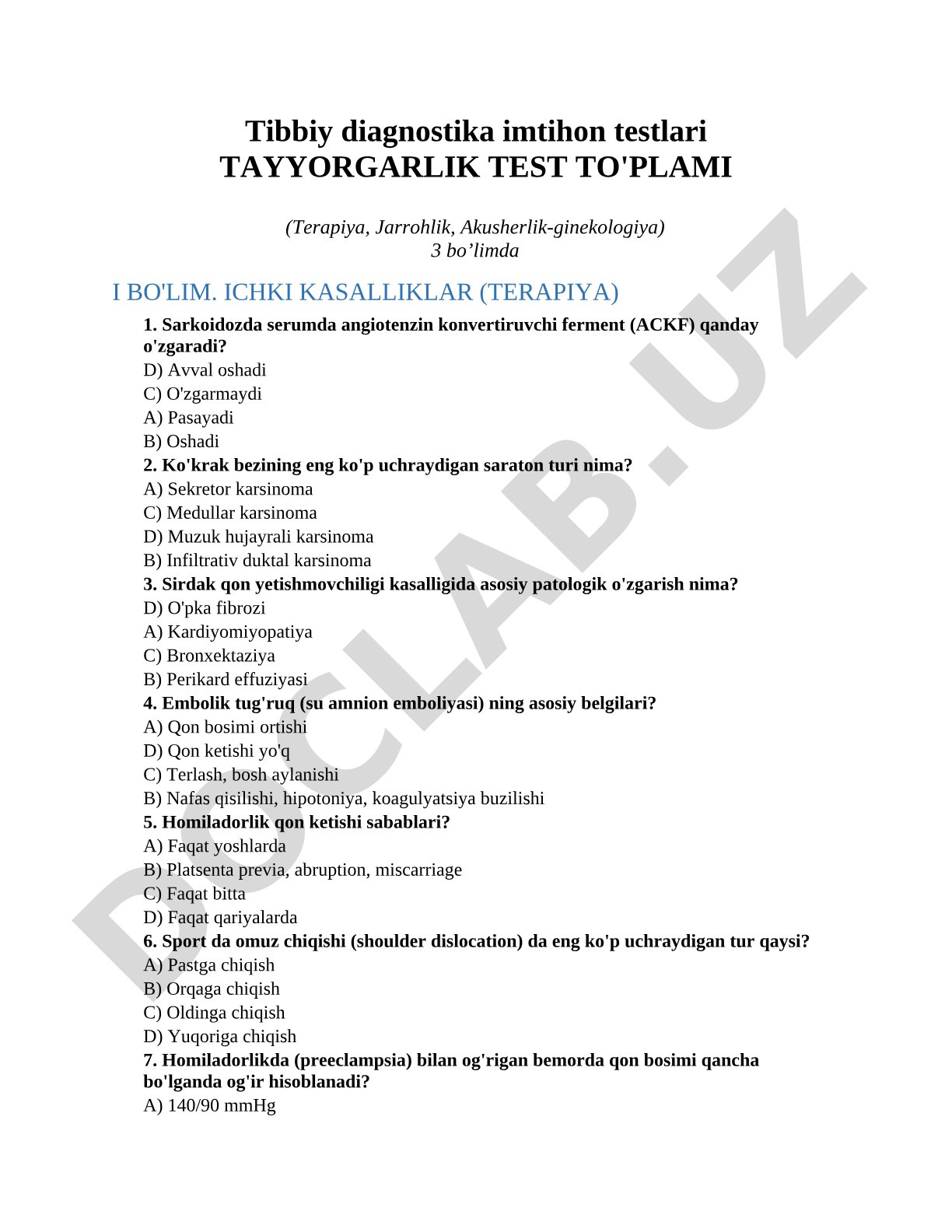 Tibbiy diagnostika imtihon testlari TAYYORGARLIK TEST TO'PLAMI (Terapiya, Jarrohlik, Akusherlik-ginekologiya)