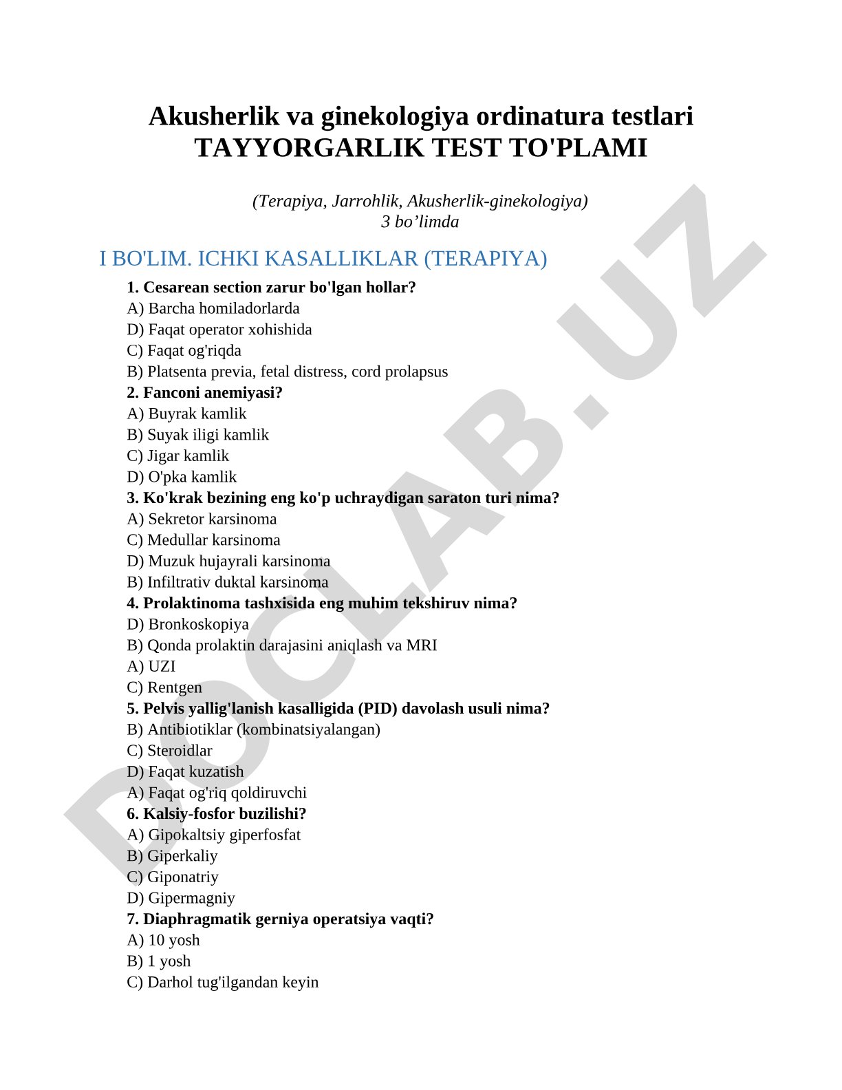 Akusherlik va ginekologiya ordinatura testlari tayyorgarlik test to'plami