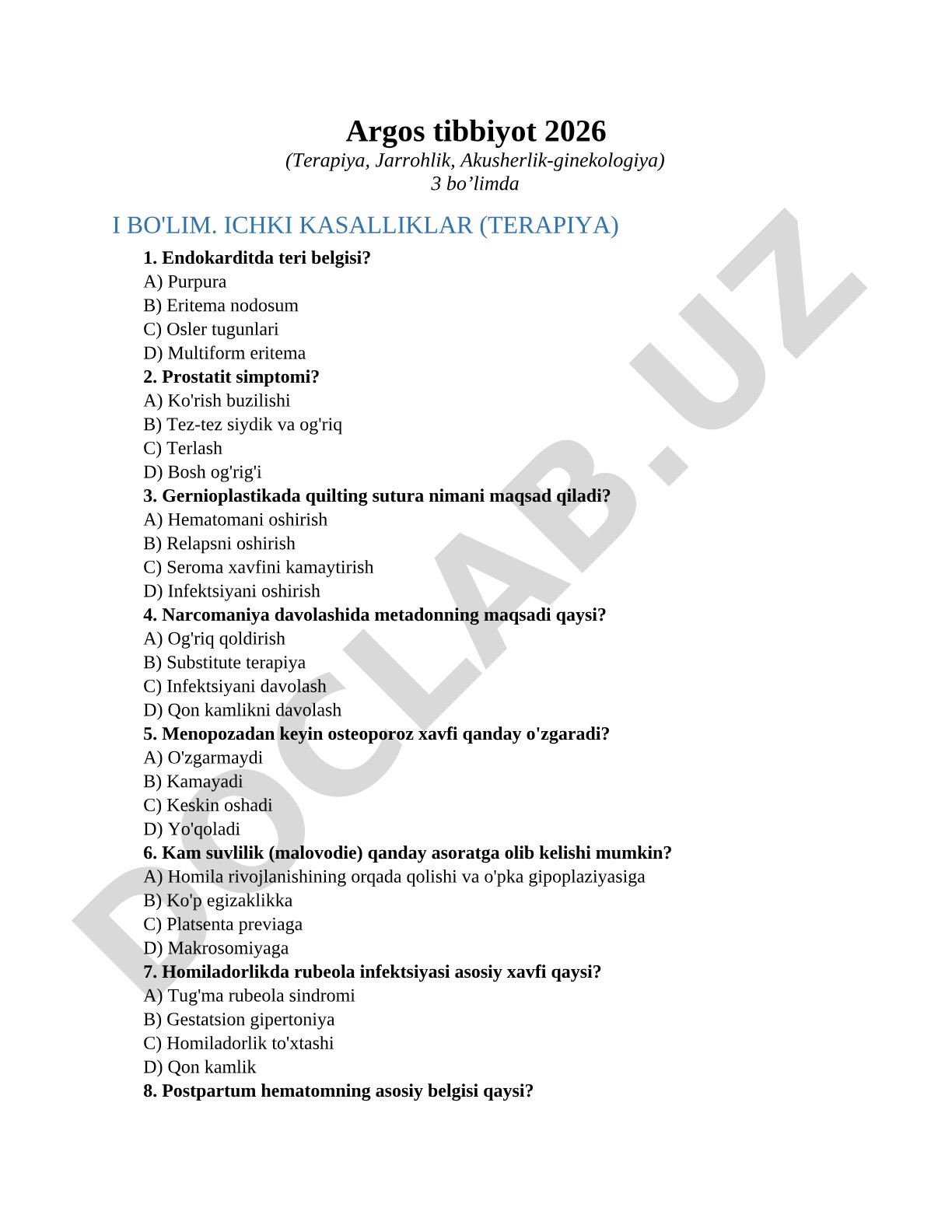 Argos tibbiyot 2026 (Terapiya, Jarrohlik, Akusherlik-ginekologiya)