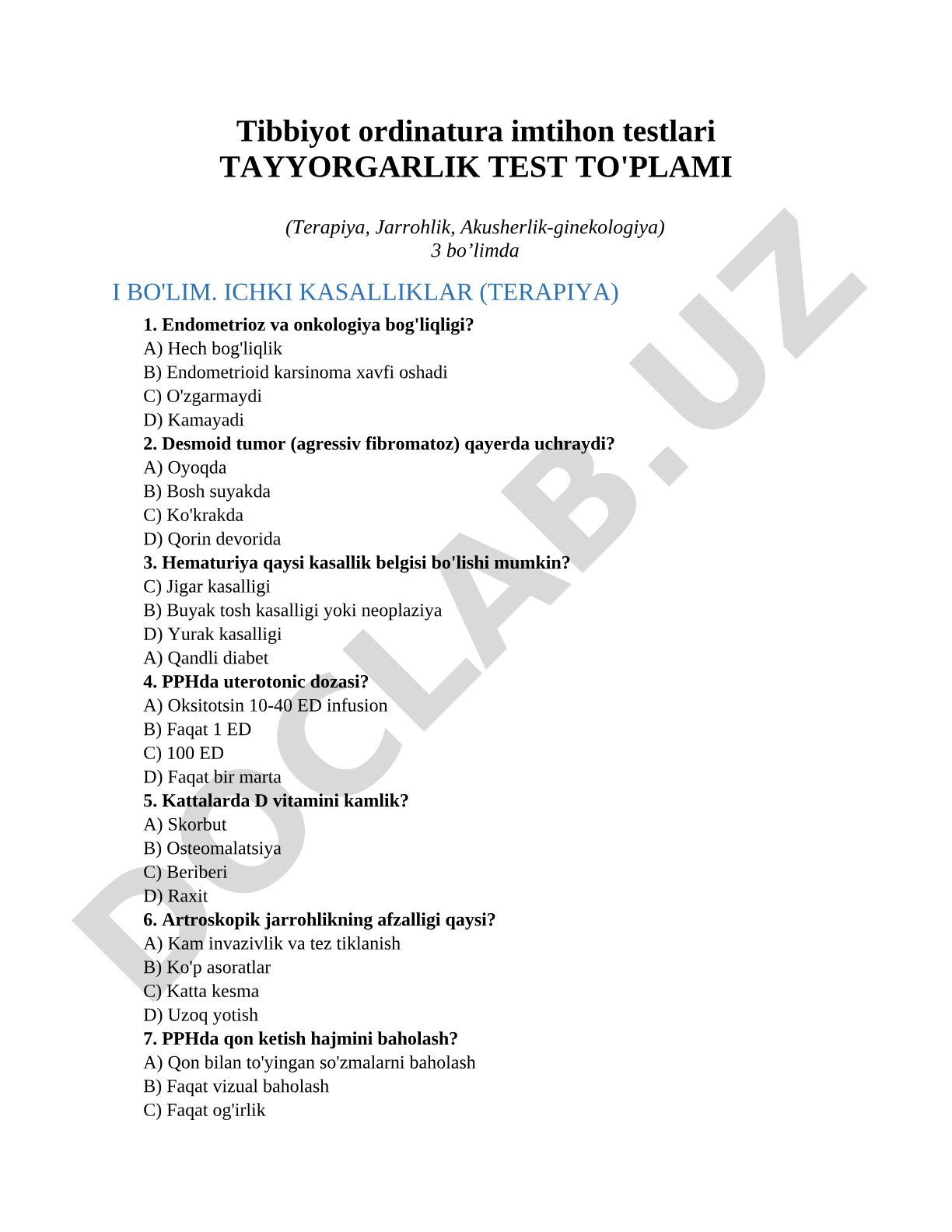 Tibbiyot ordinatura imtihon testlari (Terapiya, Jarrohlik, Akusherlik-ginekologiya)