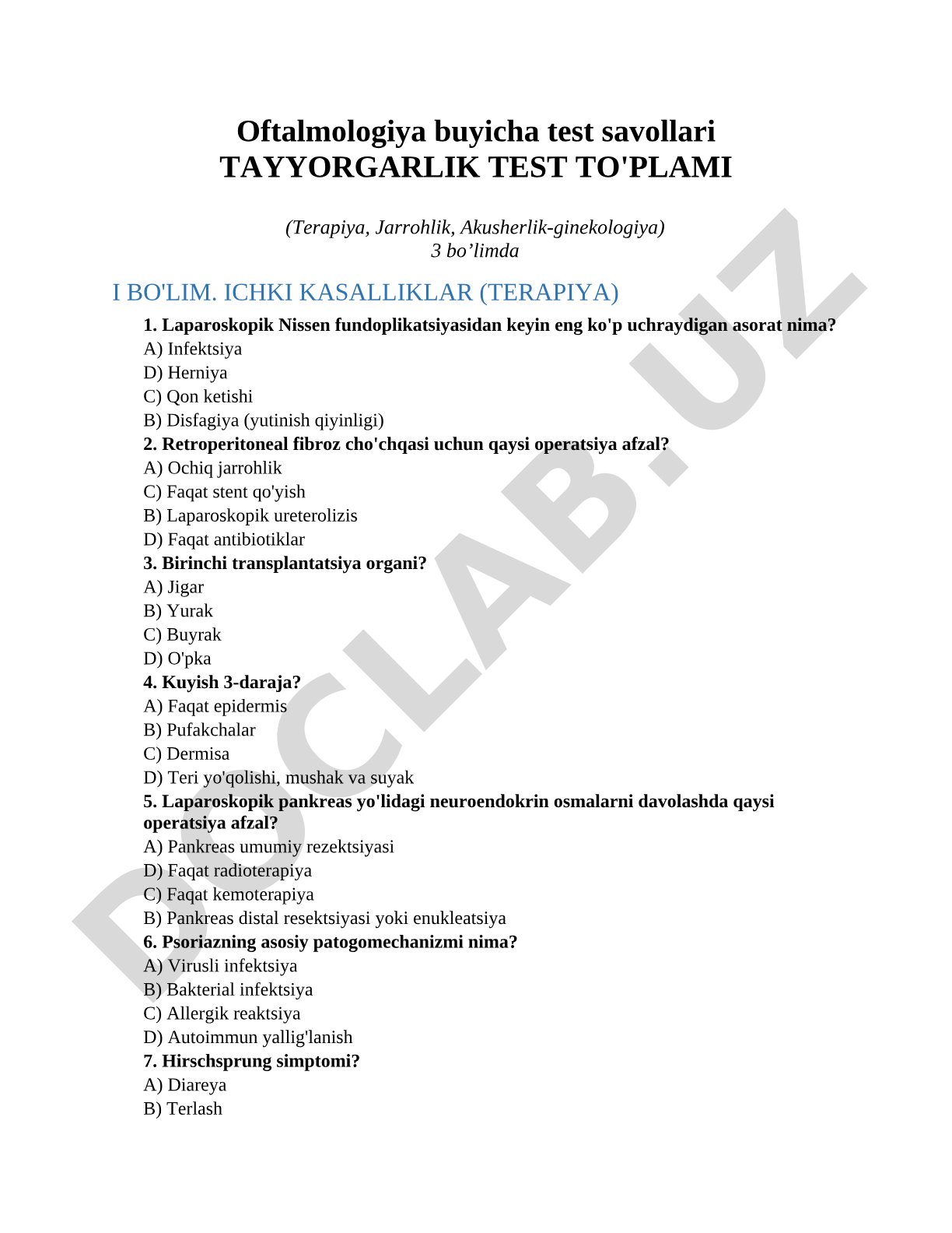 Oftalmologiya buyicha test savollari Tayyorgarlik test to'plami (Terapiya, Jarrohlik, Akusherlik-ginekologiya)
