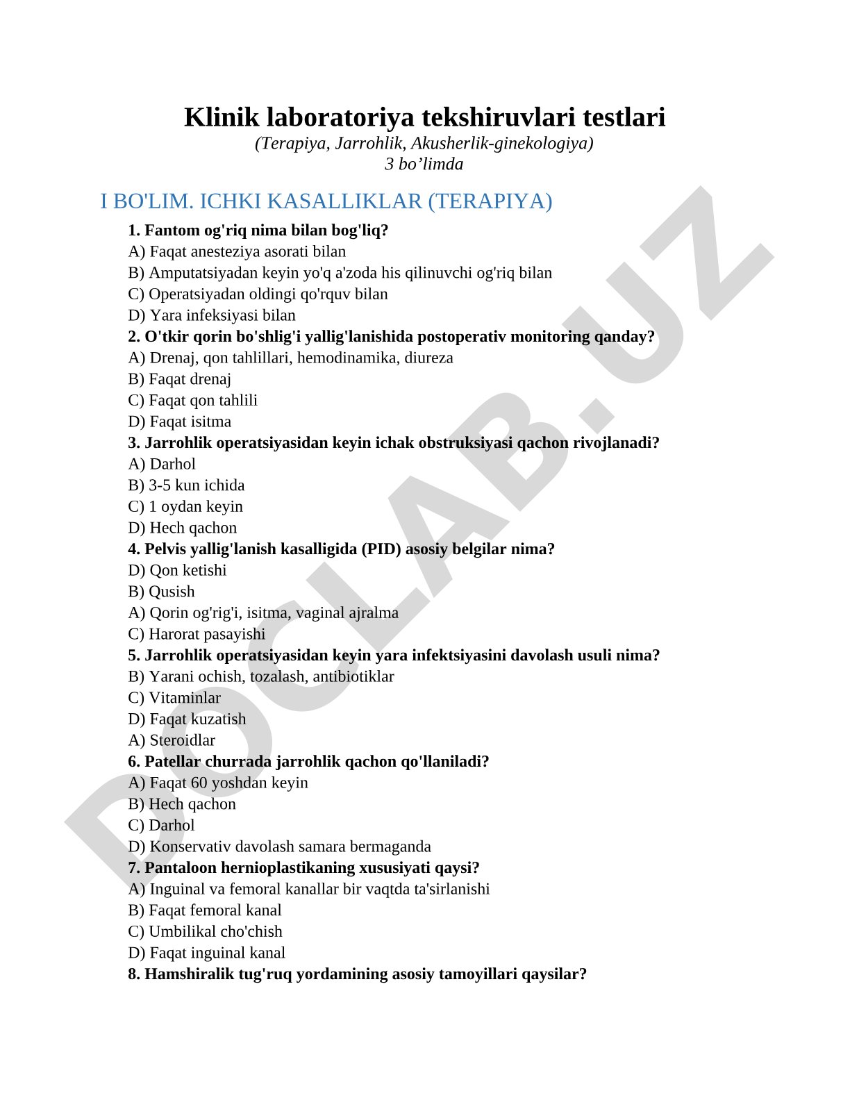 Klinik laboratoriya tekshiruvlari testlari (Terapiya, Jarrohlik, Akusherlik-ginekologiya)