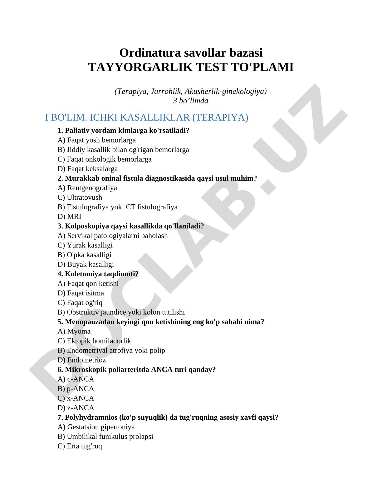 Ordinatura savollar bazasi Tayyorgarlik test to'plami (Terapiya, Jarrohlik, Akusherlik-ginekologiya)