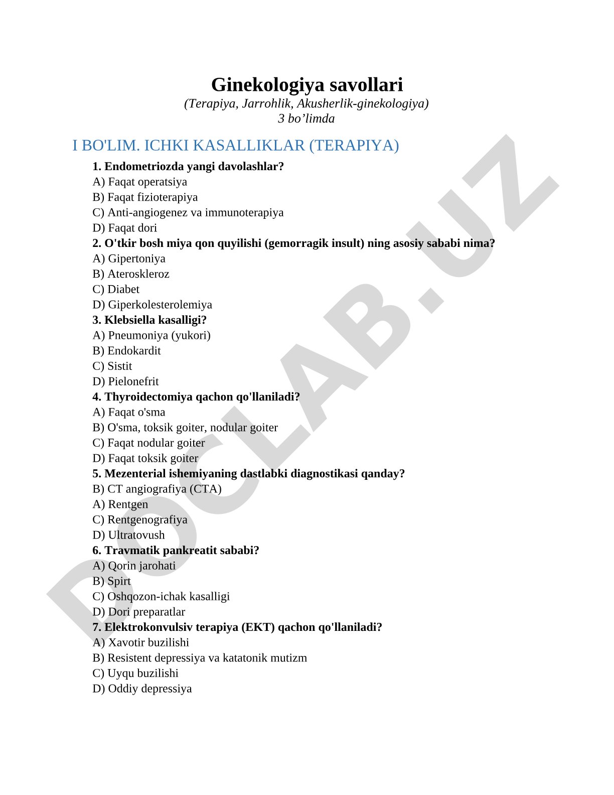 Ginekologiya savollari (Terapiya, Jarrohlik, Akusherlik-ginekologiya)