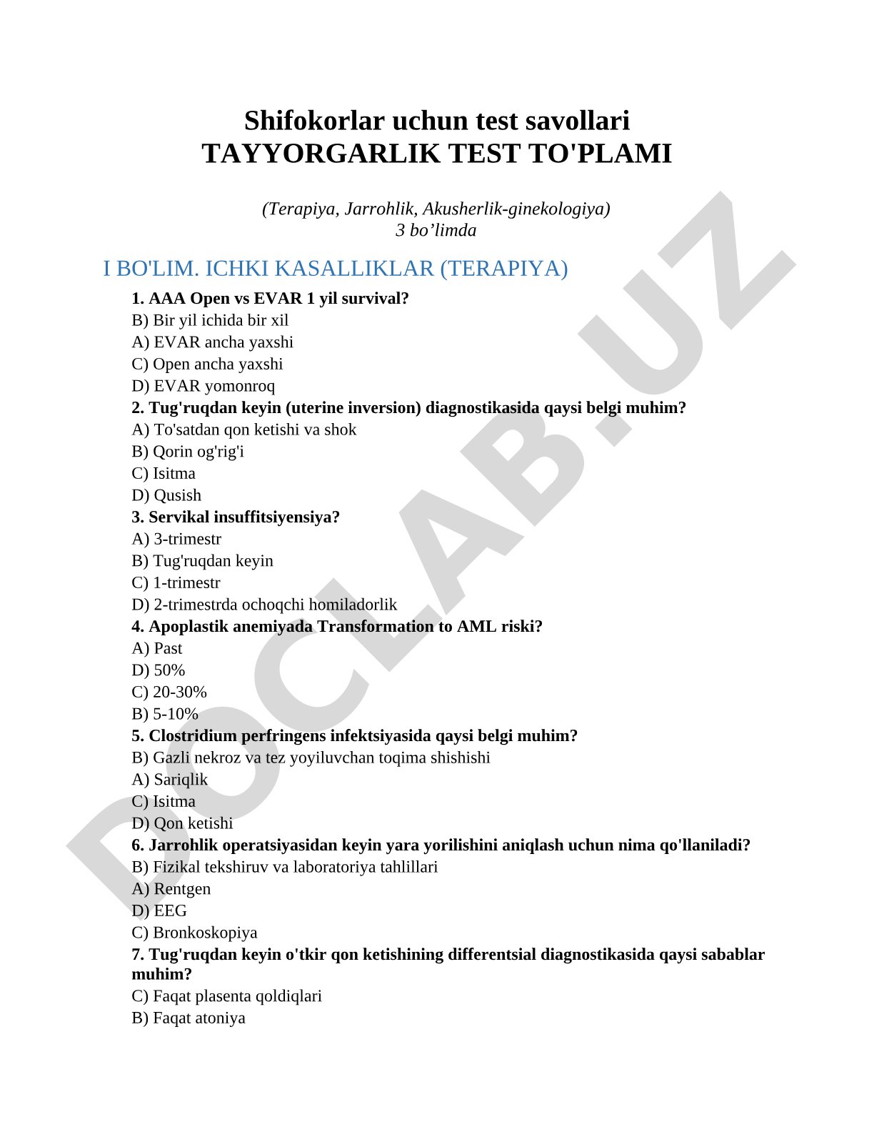 Shifokorlar uchun test savollari tayyorgarlik test to'plami (Terapiya, Jarrohlik, Akusherlik-ginekologiya)
