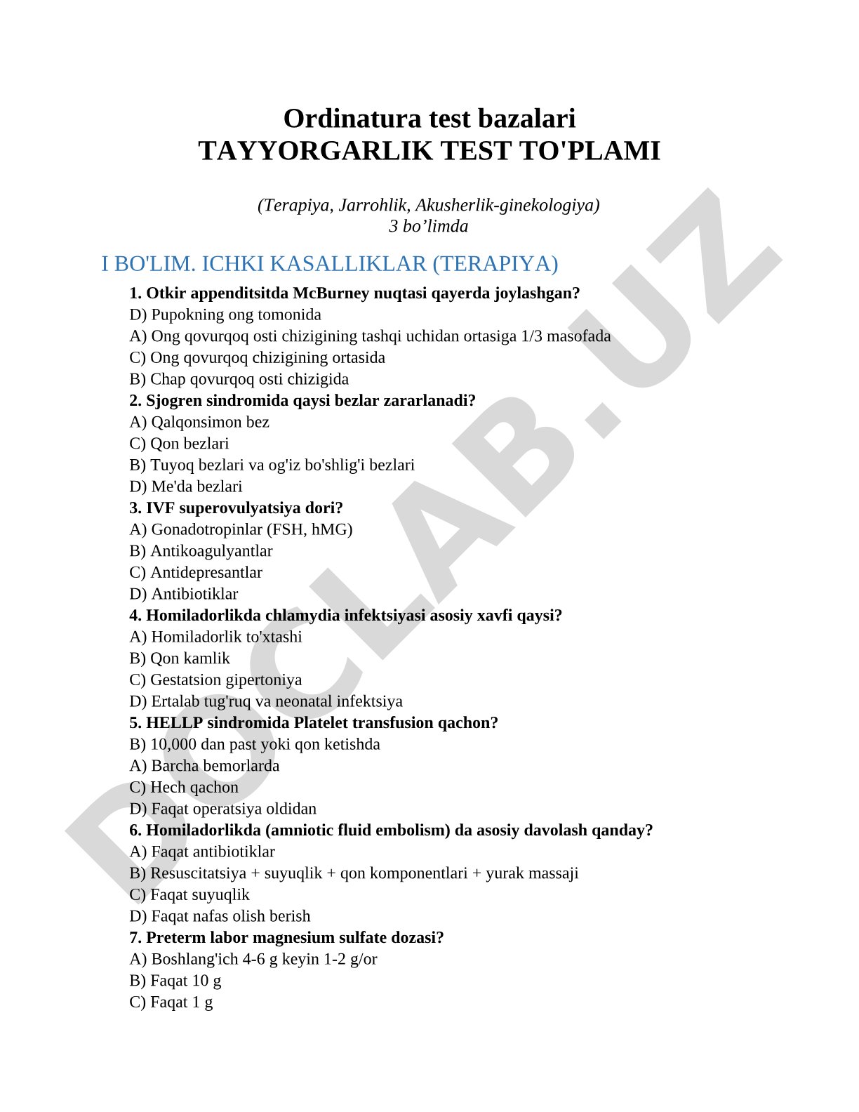 Ordinatura test bazalari tayyorgarlik test to'plami (Terapiya, Jarrohlik, Akusherlik-ginekologiya)