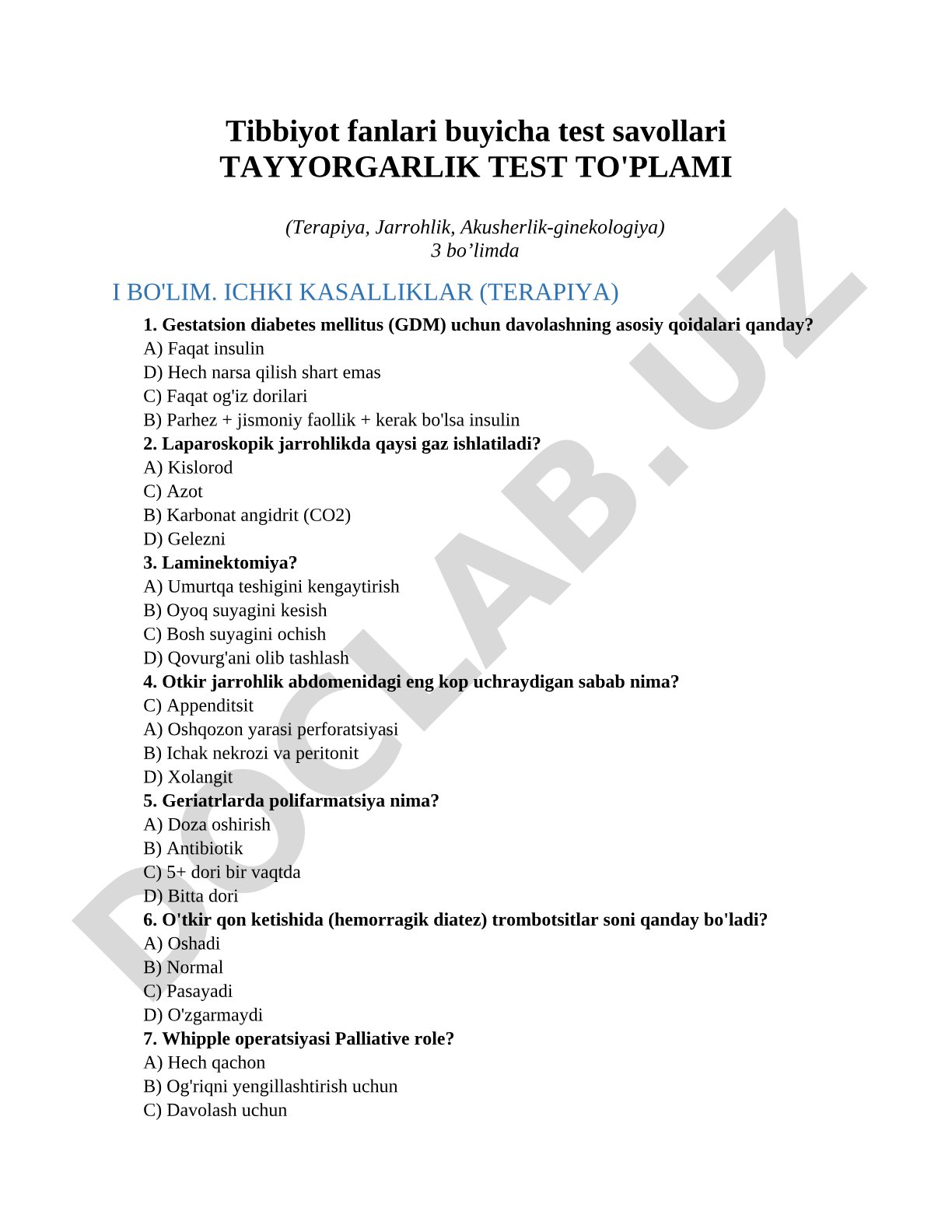 Tibbiyot fanlari buyicha test savollari (Terapiya, Jarrohlik, Akusherlik-ginekologiya)