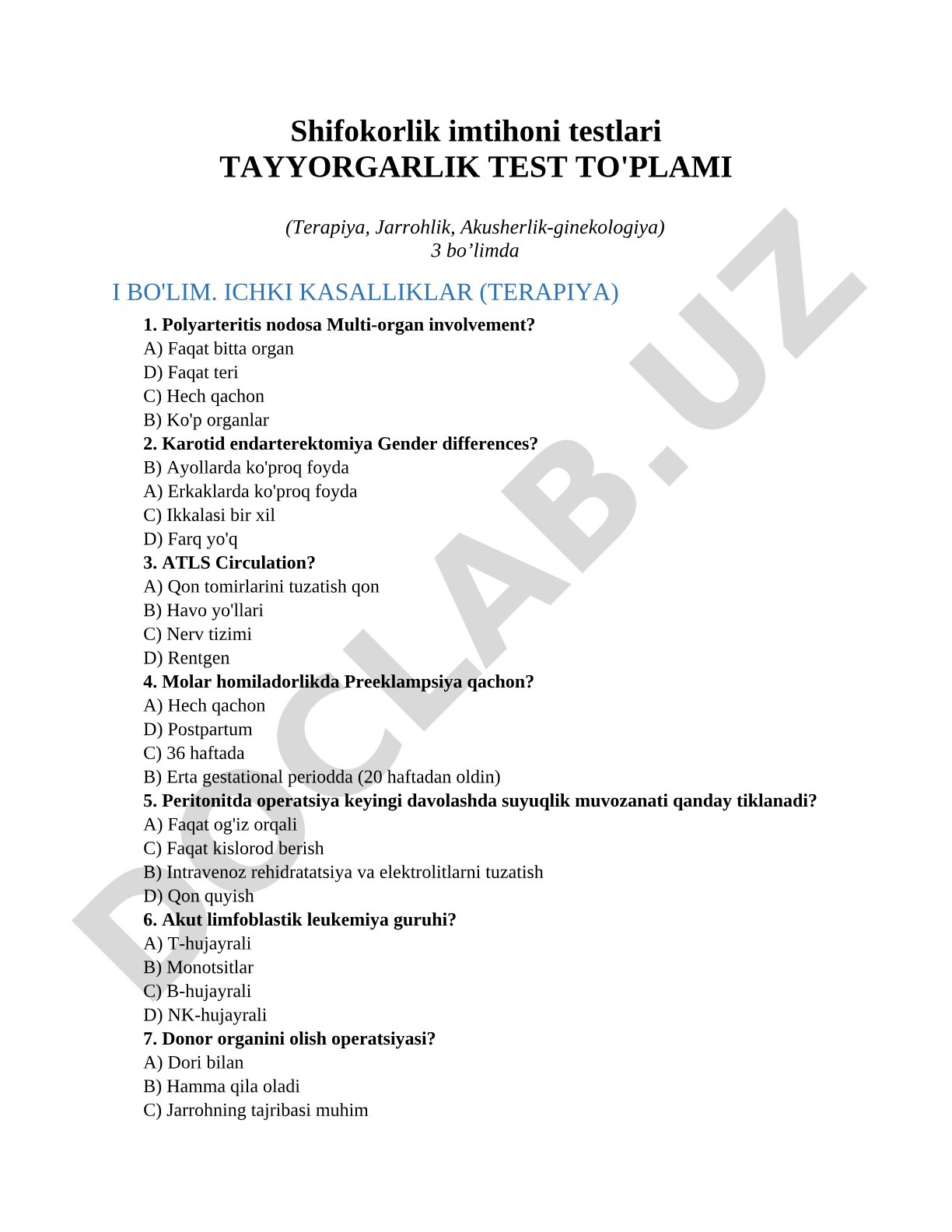 Shifokorlik imtihoni testlari TAYYORGARLIK TEST TO'PLAMI (Terapiya, Jarrohlik, Akusherlik-ginekologiya)