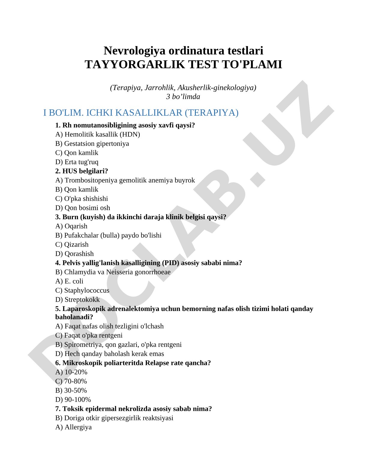 Nevrologiya ordinatura testlari