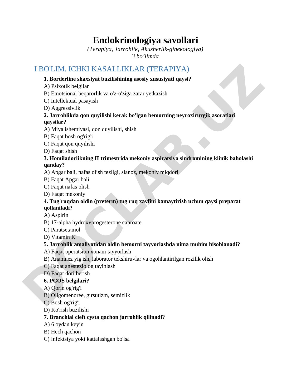 Endokrinologiya savollari (Terapiya, Jarrohlik, Akusherlik-ginekologiya)