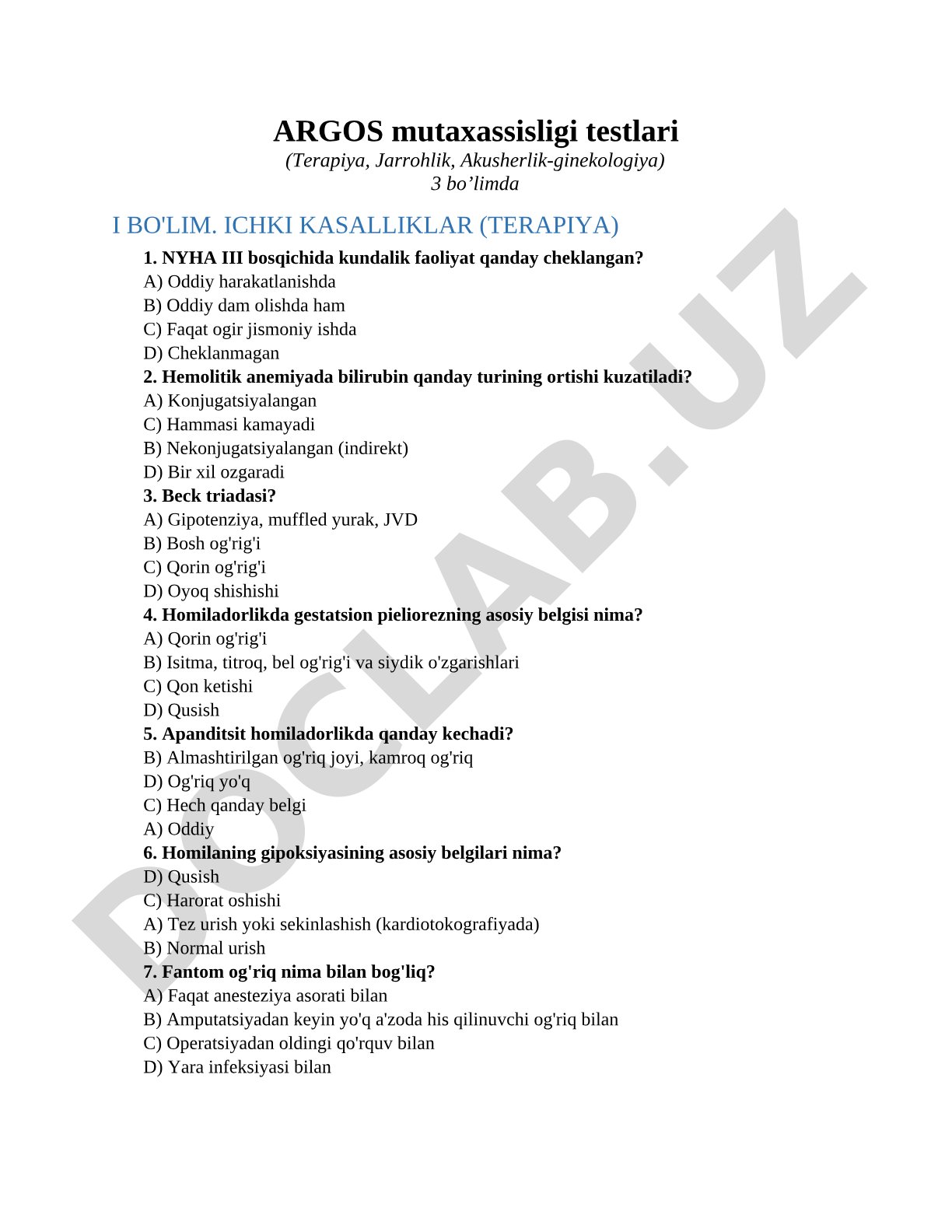 ARGOS mutaxassisligi testlari (Terapiya, Jarrohlik, Akusherlik-ginekologiya)