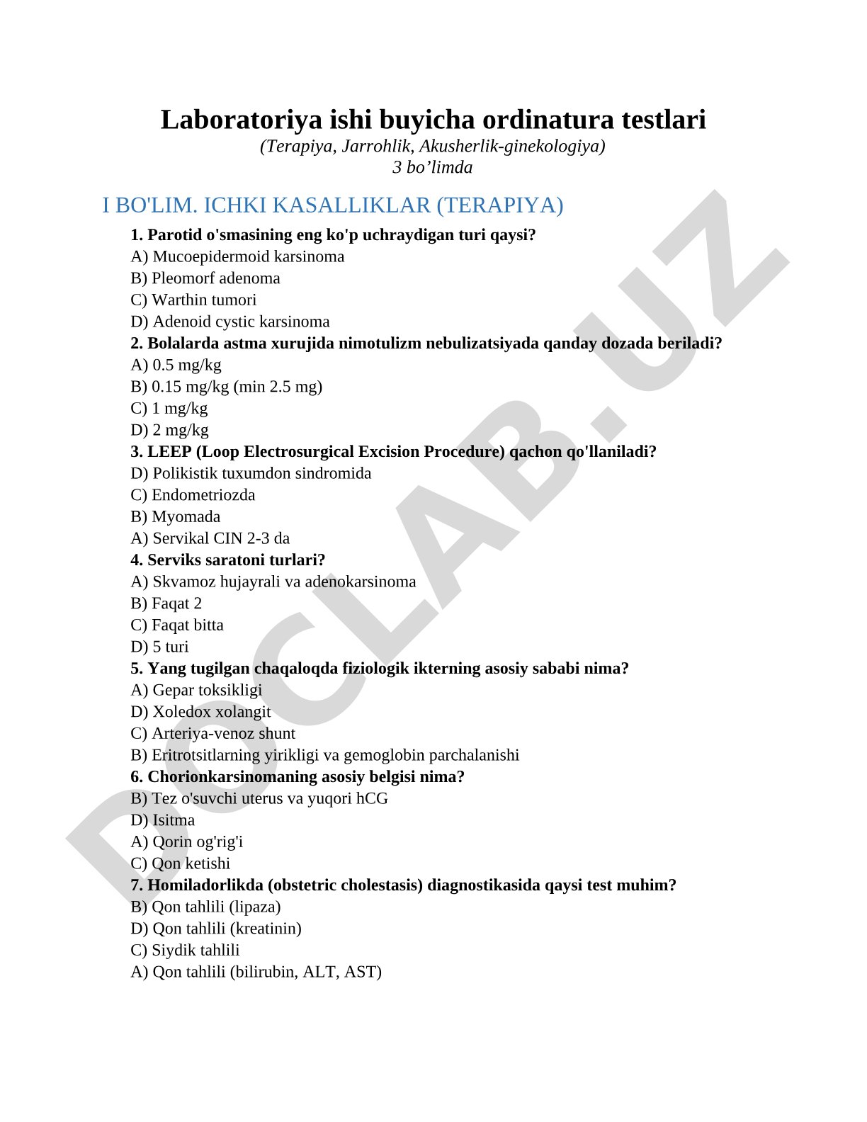 Laboratoriya ishi buyicha ordinatura testlari (Terapiya, Jarrohlik, Akusherlik-ginekologiya)