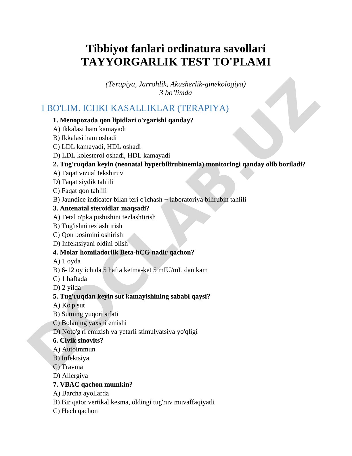 Tibbiyot fanlari ordinatura savollari TAYYORGARLIK TEST TO'PLAMI (Terapiya, Jarrohlik, Akusherlik-ginekologiya)