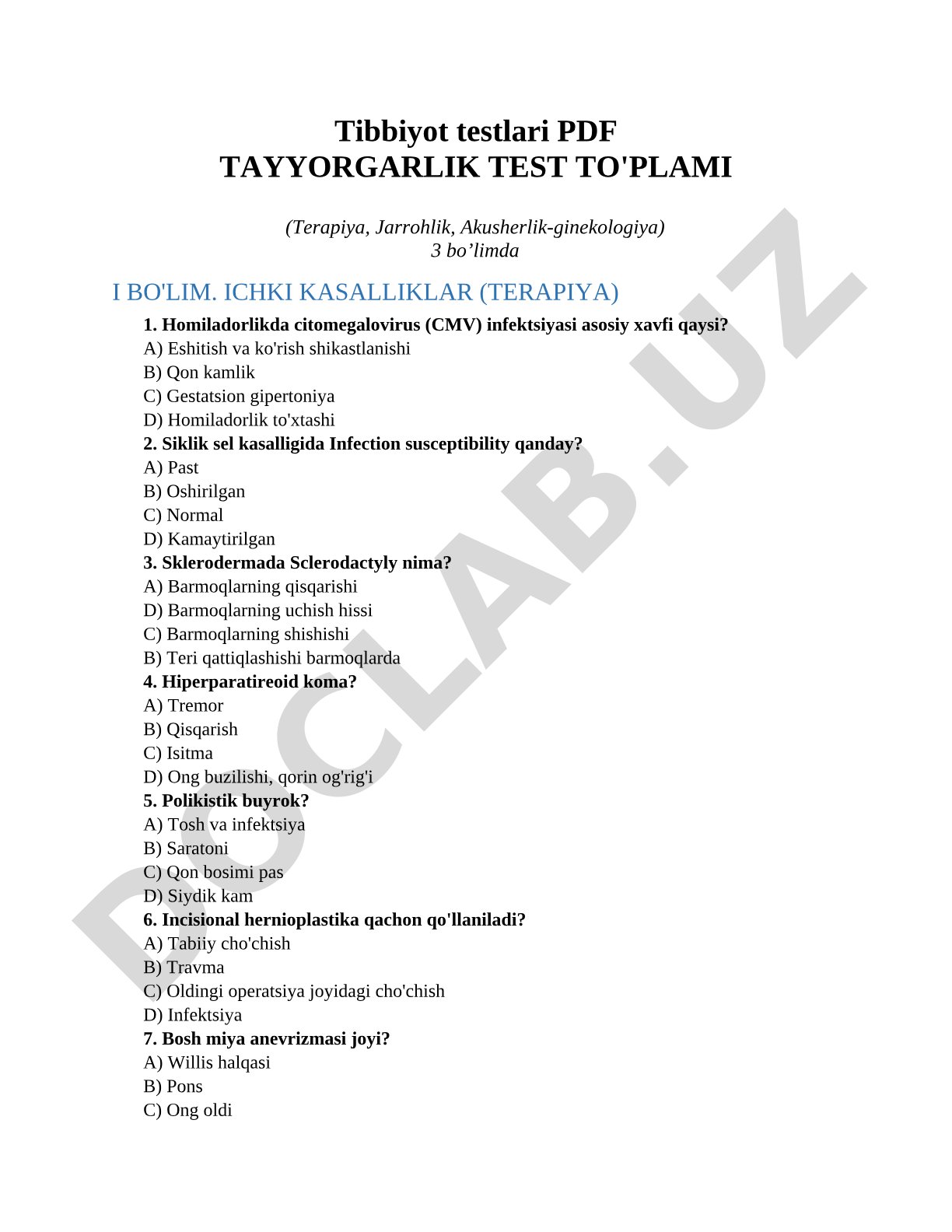 Tibbiyot testlari PDF Tayyorgarlik Test To'plami (Terapiya, Jarrohlik, Akusherlik-ginekologiya)