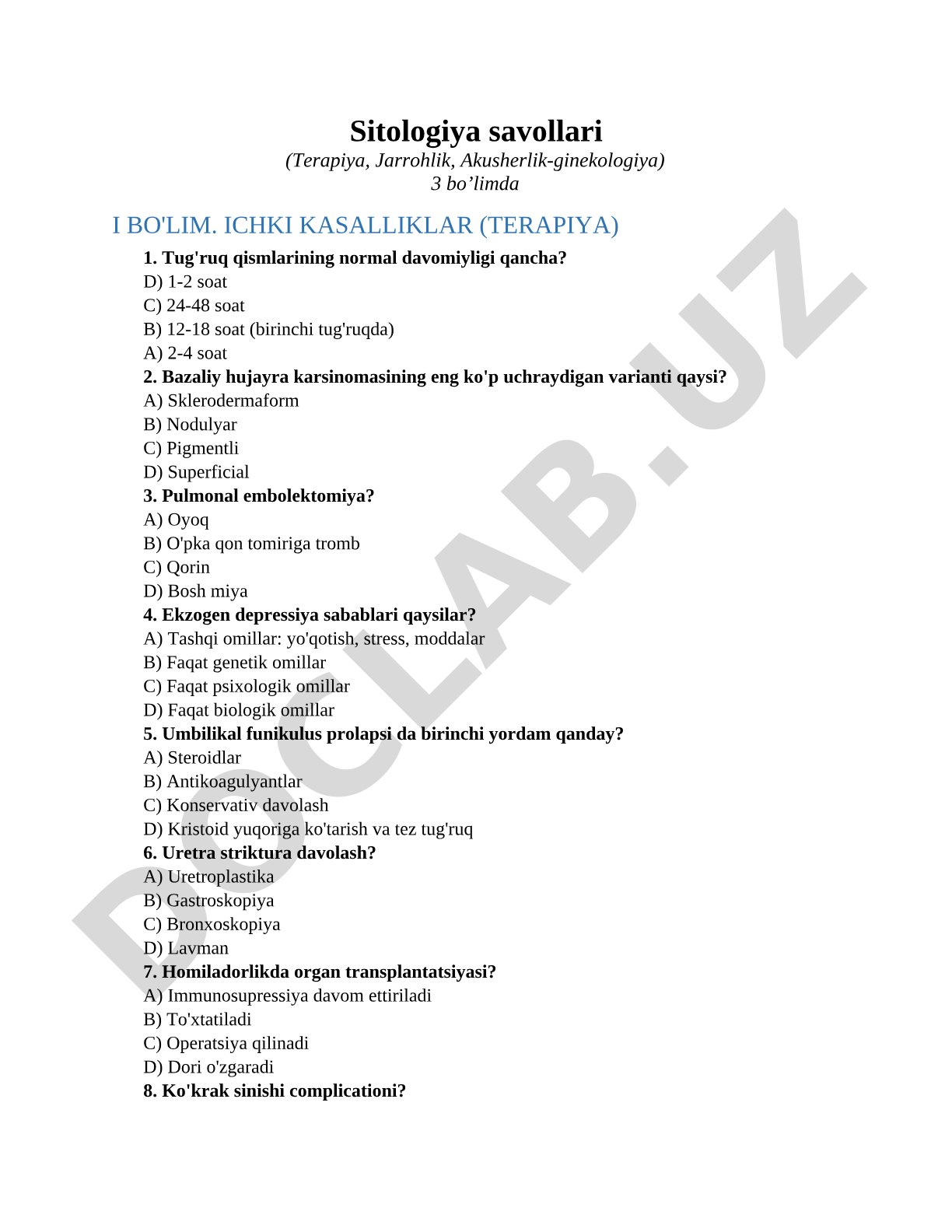 Sitologiya savollari (Terapiya, Jarrohlik, Akusherlik-ginekologiya)