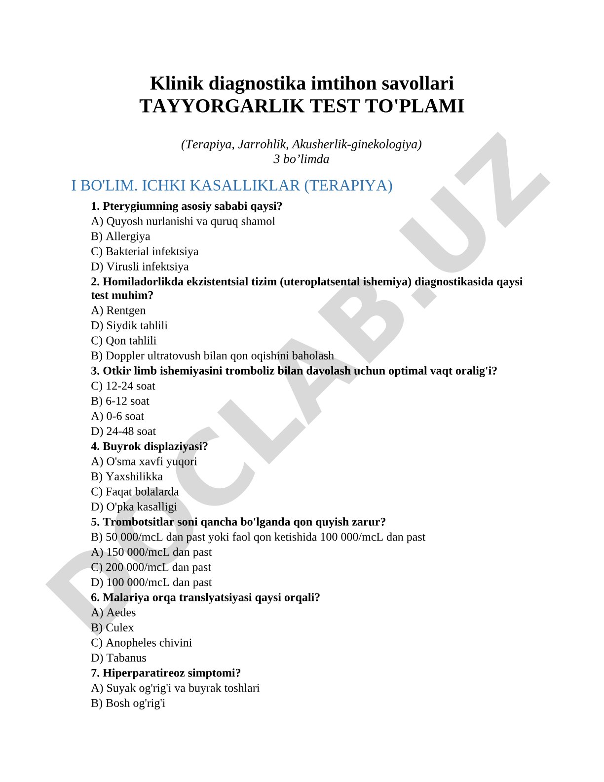 Klinik diagnostika imtihon savollari