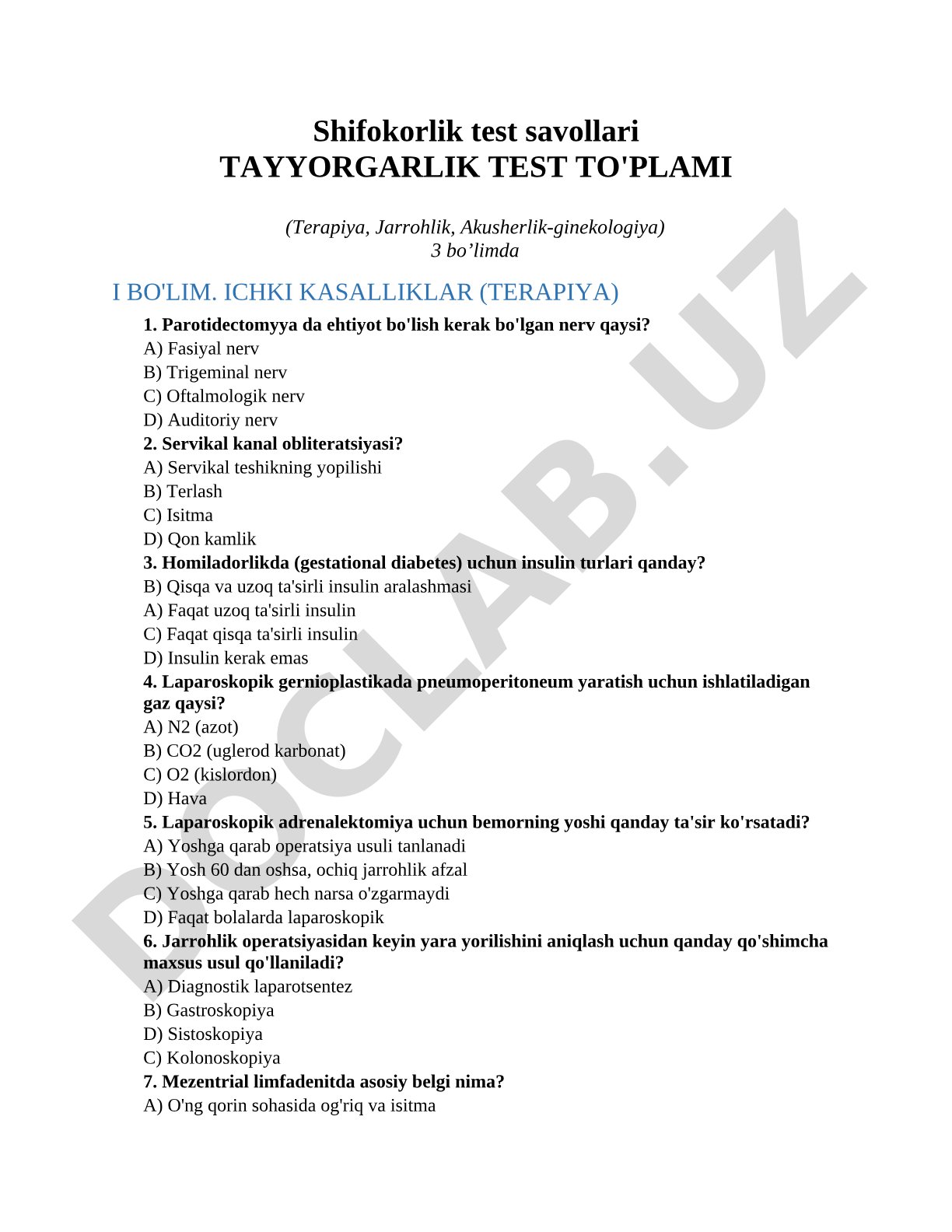 Shifokorlik test savollari Tayyorgarlik test to'plami (Terapiya, Jarrohlik, Akusherlik-ginekologiya)