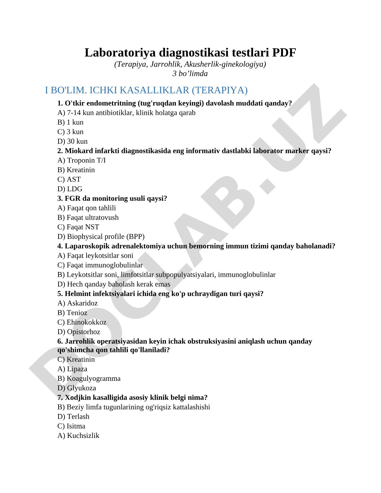 Laboratoriya diagnostikasi testlari PDF (Terapiya, Jarrohlik, Akusherlik-ginekologiya)