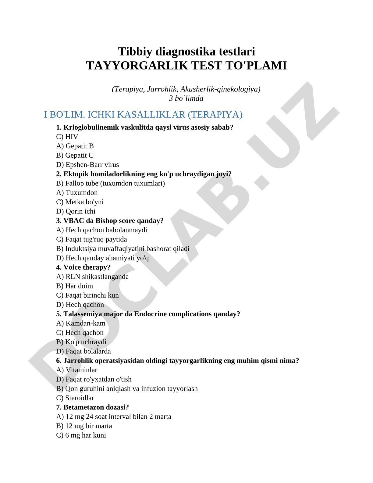 Tibbiy diagnostika testlari Tayyorgarlik test to'plami (Terapiya, Jarrohlik, Akusherlik-ginekologiya)