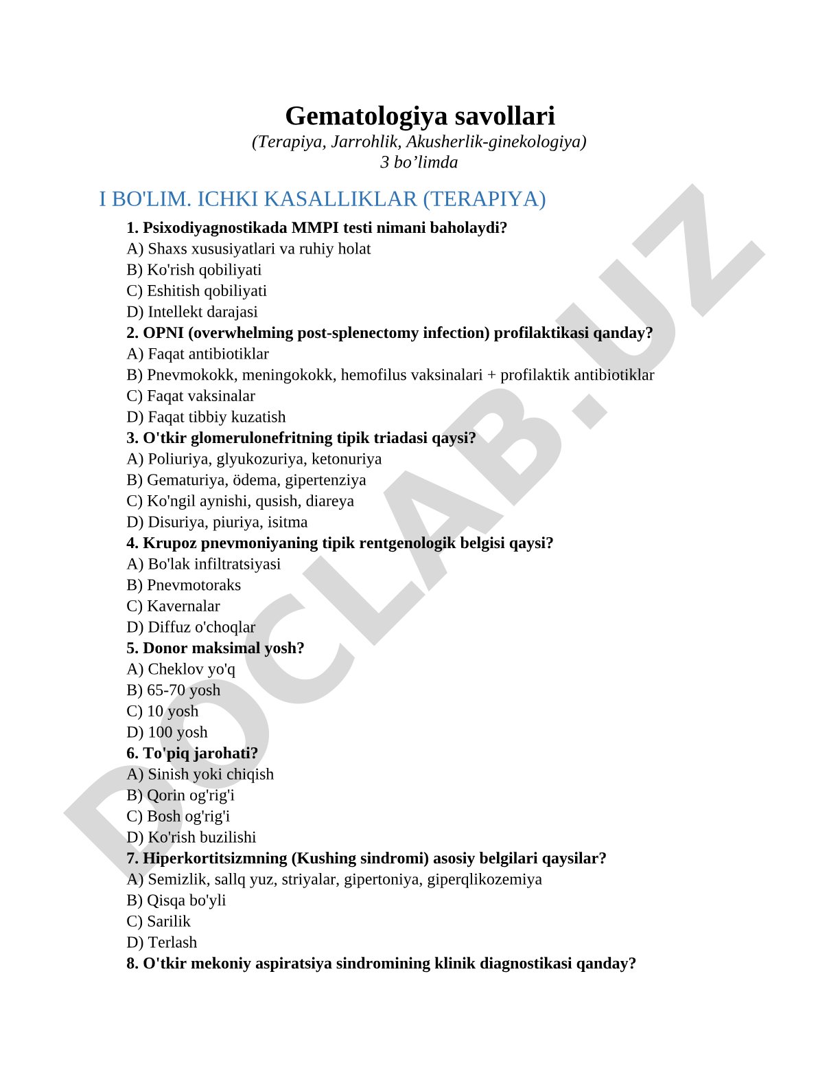 Gematologiya savollari (Terapiya, Jarrohlik, Akusherlik-ginekologiya)