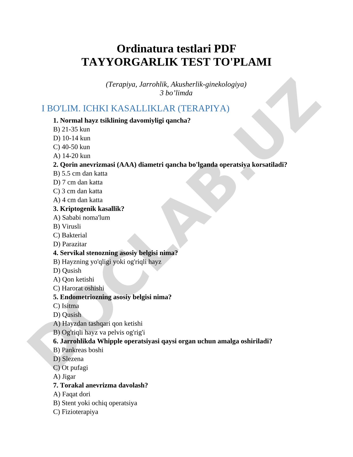 Ordinatura testlari PDF Tayyorgarlik test to'plami (Terapiya, Jarrohlik, Akusherlik-ginekologiya)