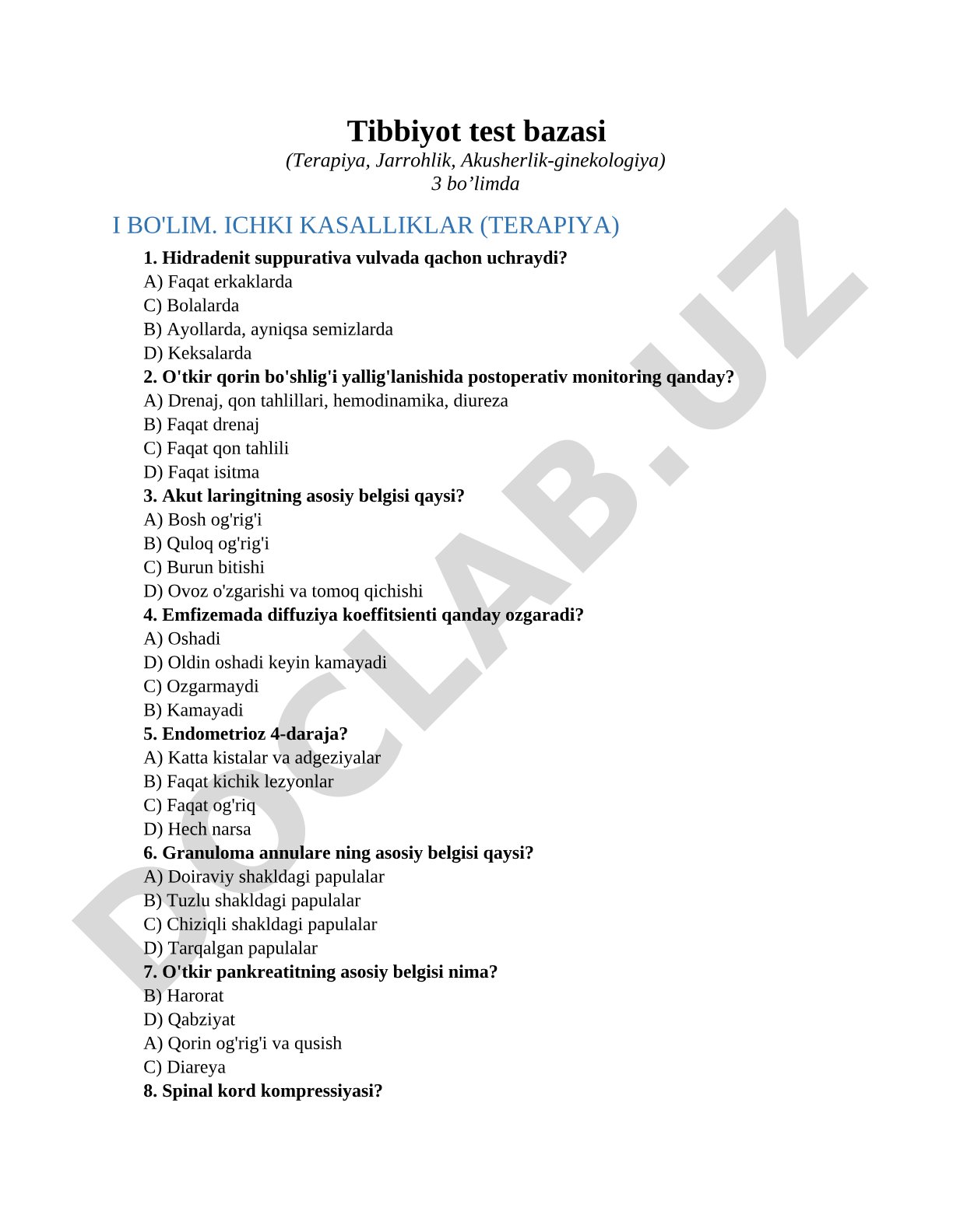 Tibbiyot test bazasi (Terapiya, Jarrohlik, Akusherlik-ginekologiya)