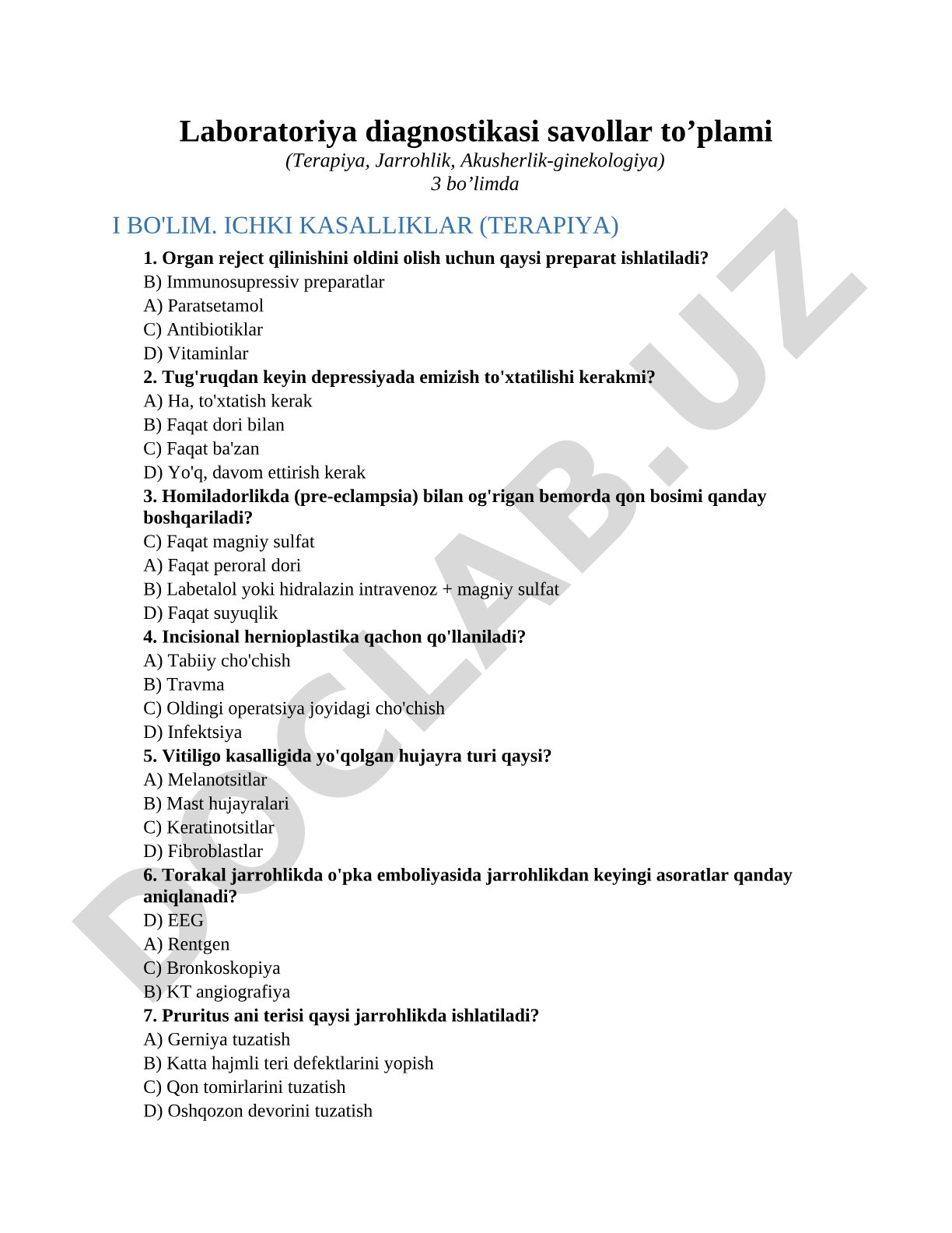 Laboratoriya diagnostikasi savollar to'plami (Terapiya, Jarrohlik, Akusherlik-ginekologiya)