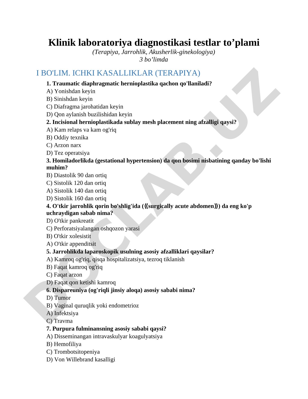Klinik laboratoriya diagnostikasi testlar to’plami (Terapiya, Jarrohlik, Akusherlik-ginekologiya)