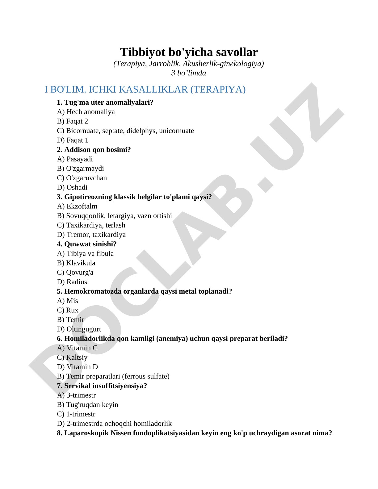 Tibbiyot bo'yicha savollar (Terapiya, Jarrohlik, Akusherlik-ginekologiya)