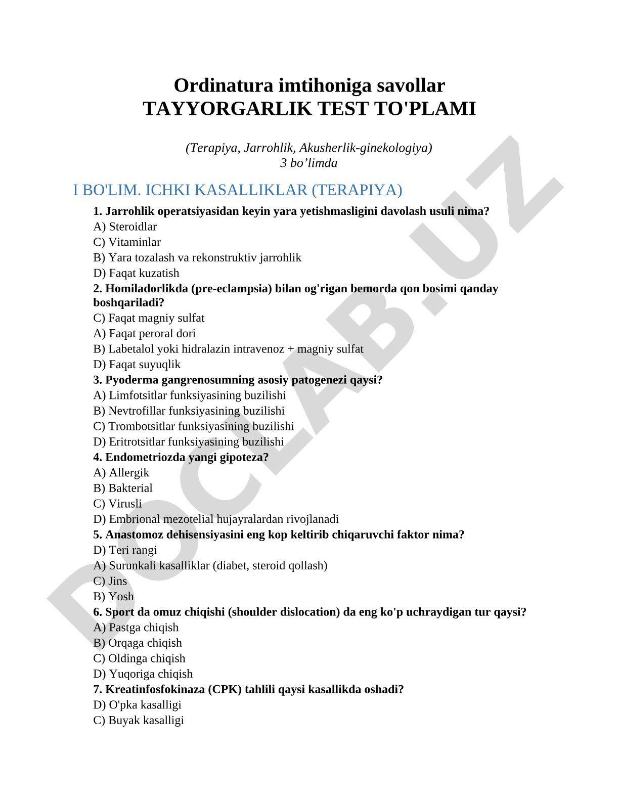 Ordinatura imtihoniga savollar tayyorgarlik test to'plami (Terapiya, Jarrohlik, Akusherlik-ginekologiya)