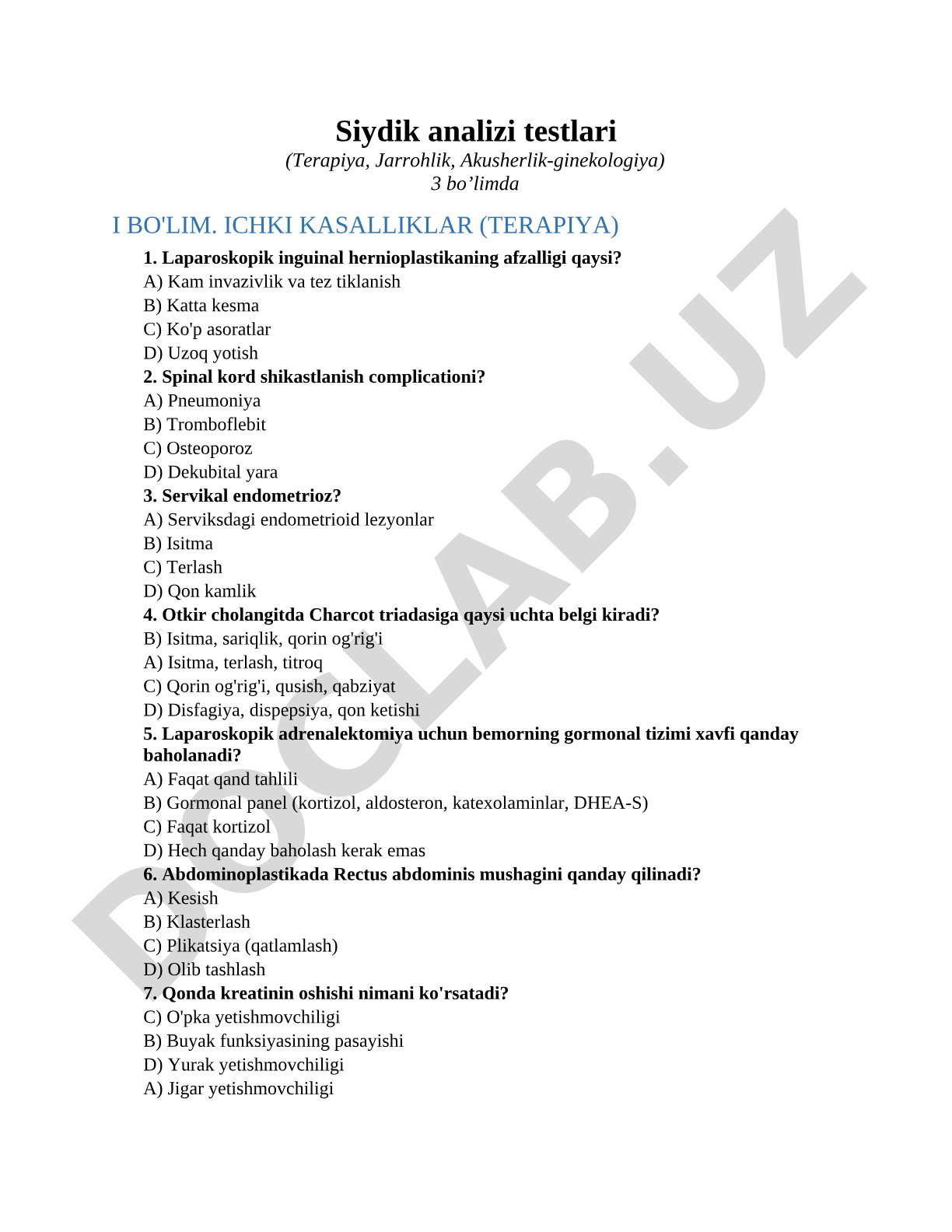 Siydik analizi testlari (Terapiya, Jarrohlik, Akusherlik-ginekologiya)