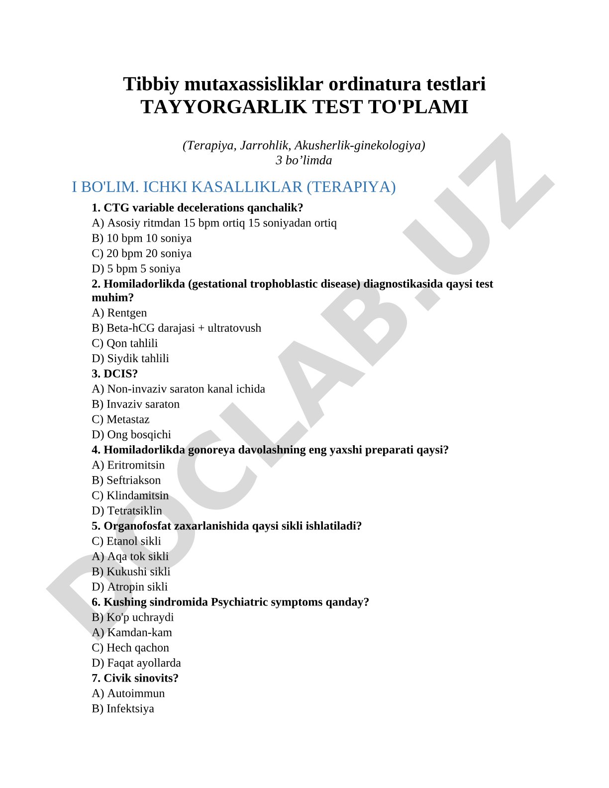 Tibbiy mutaxassisliklar ordinatura testlari tayyorgarlik test to'plami (Terapiya, Jarrohlik, Akusherlik-ginekologiya)