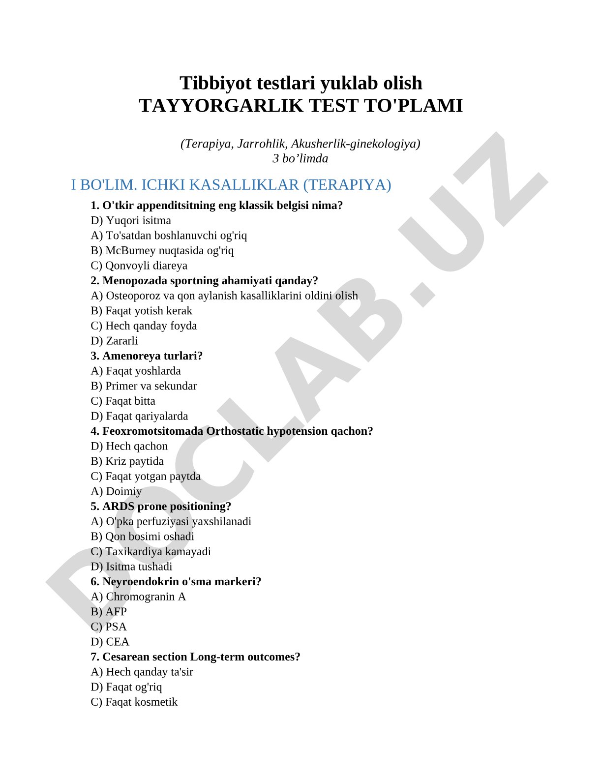 Tayyorgarlik test to'plami (Terapiya, Jarrohlik, Akusherlik-ginekologiya)