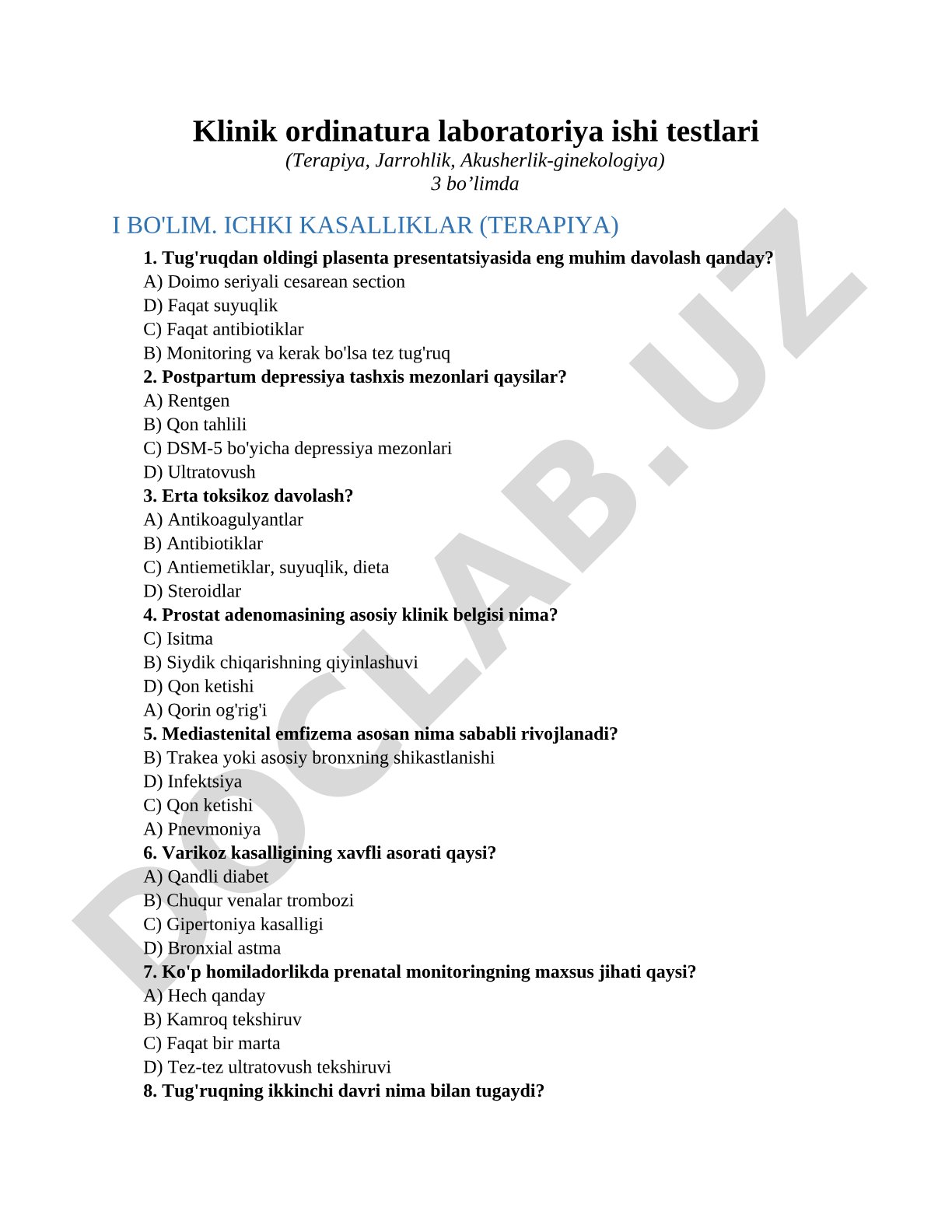 Klinik ordinatura laboratoriya ishi testlari (Terapiya, Jarrohlik, Akusherlik-ginekologiya)